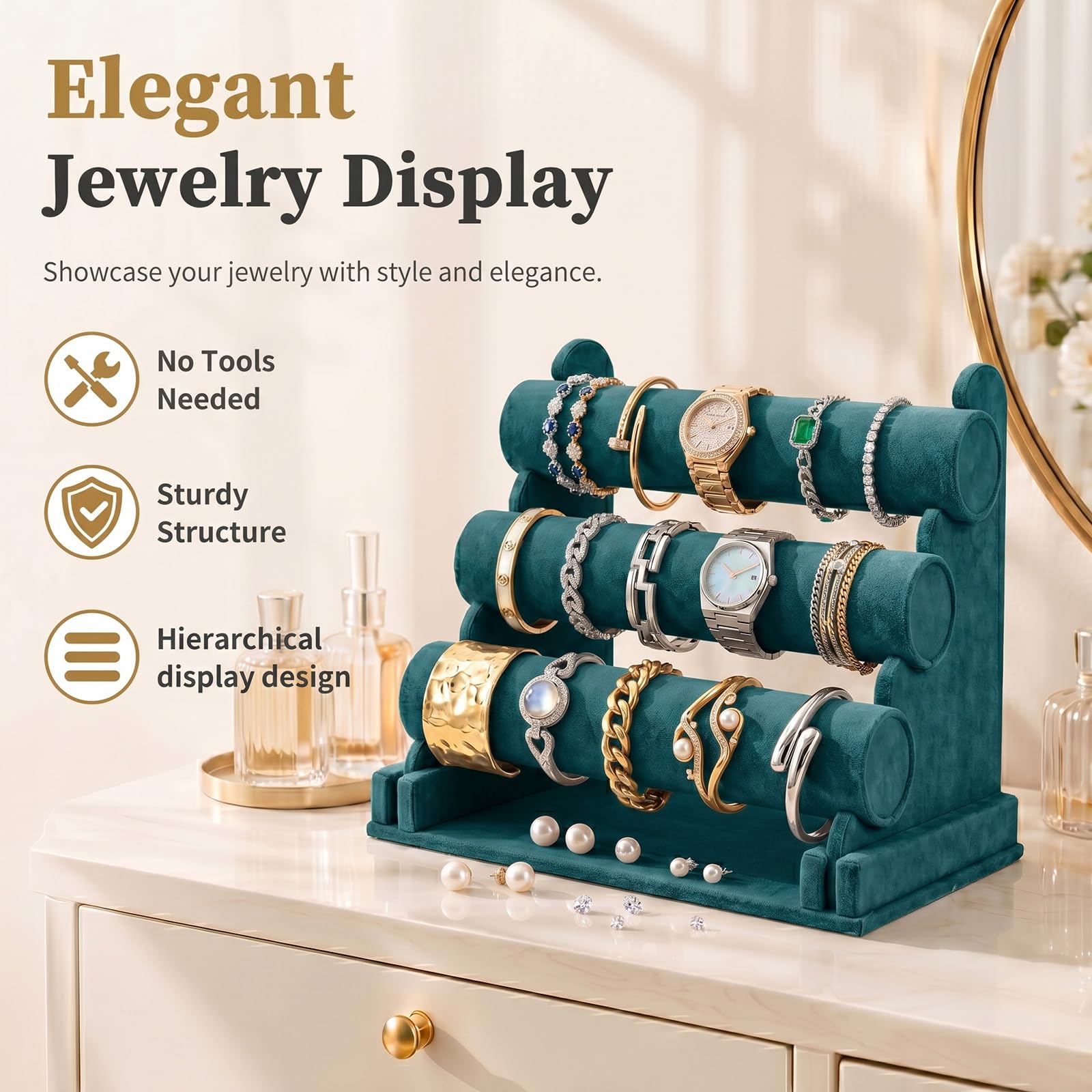 powerking Soporte organizador de joyas de terciopelo verde, soporte de exhibición de pulseras desmontable de 3 niveles y soporte, organizador de exhibición de joyas para reloj de pulsera