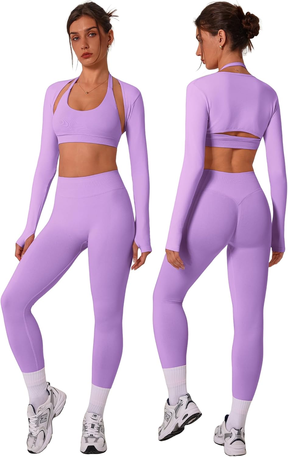 3 Piece Workout Sets for Women Seamless Halter Sports Bra High Waist Leggings Long Sleeve Shrug Gym Yoga Outfits