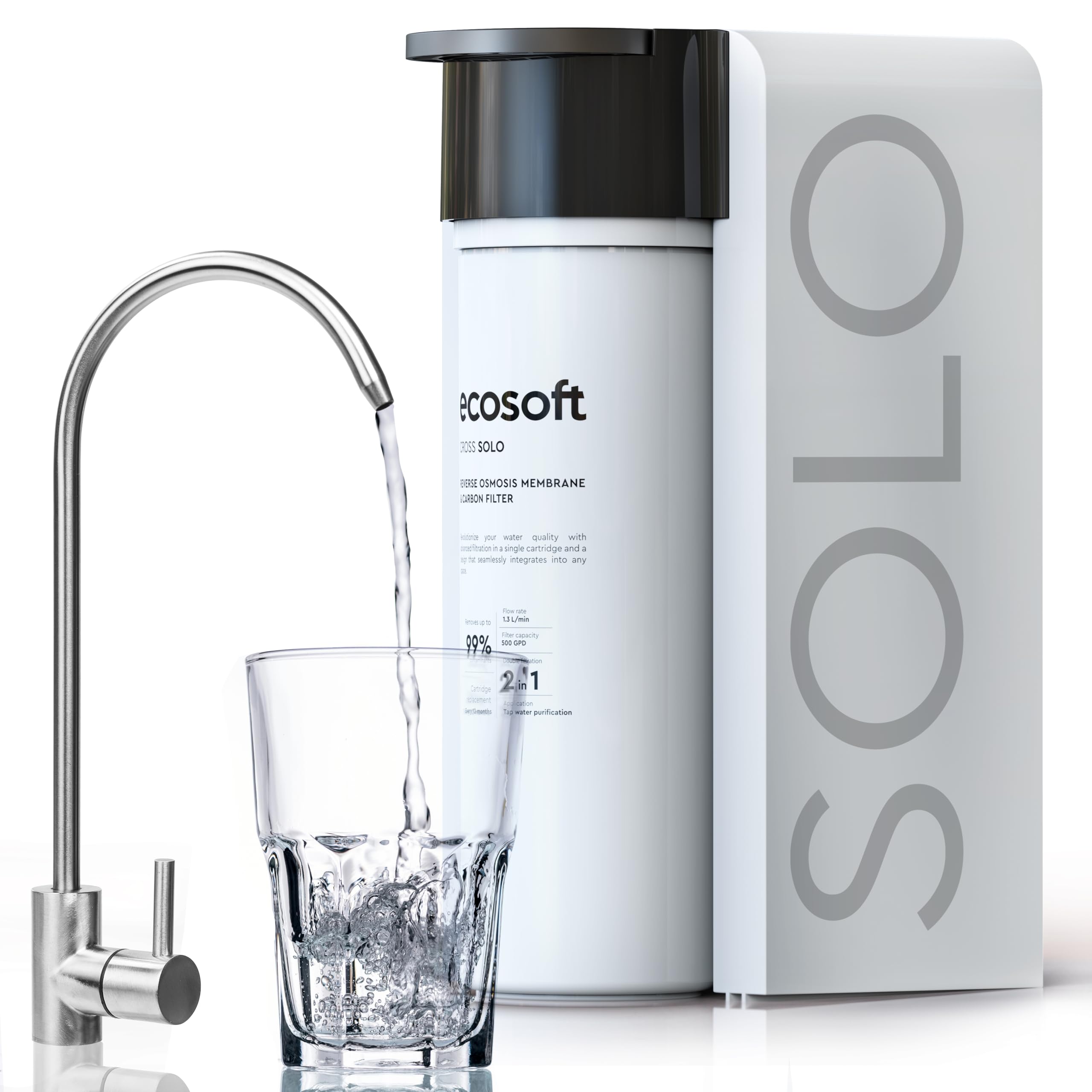 Ecosoft Cross Solo Filtre à osmose inverse à débit direct 1,​3 l-​min, filtration 2-​en-​1 avec membrane RO de 500 GPD et post-​filtre à charbon, design ultra compact pour petites cuisines