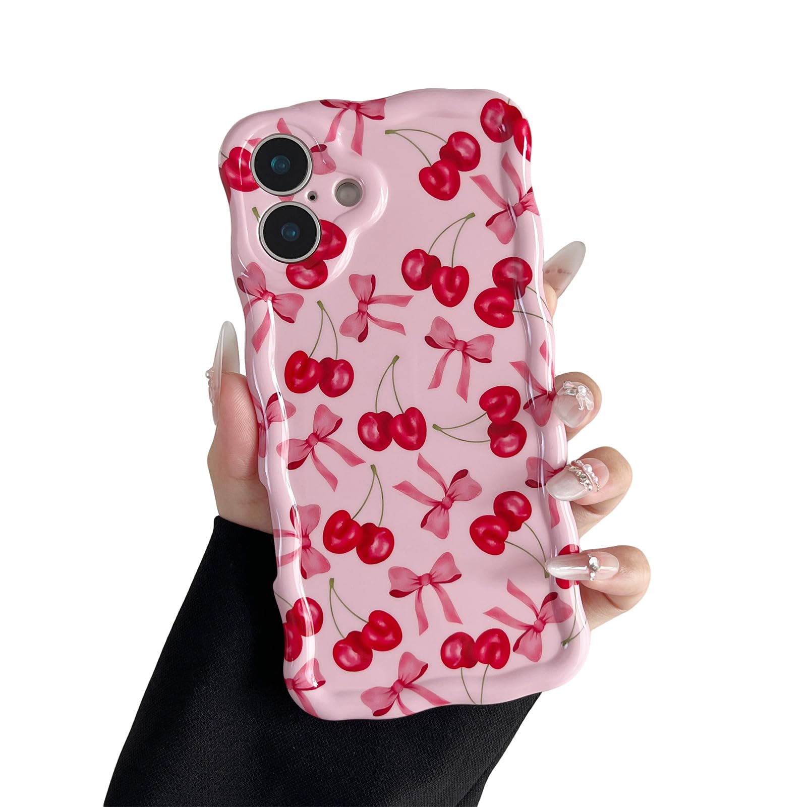 Compatible with iPhone 16 Case, Cute Wave Curly Pink Cherry Bow Phone Case for Women, Soft TPU Shockproof Protection Cover Designed for iPhone 16 6.1 inch