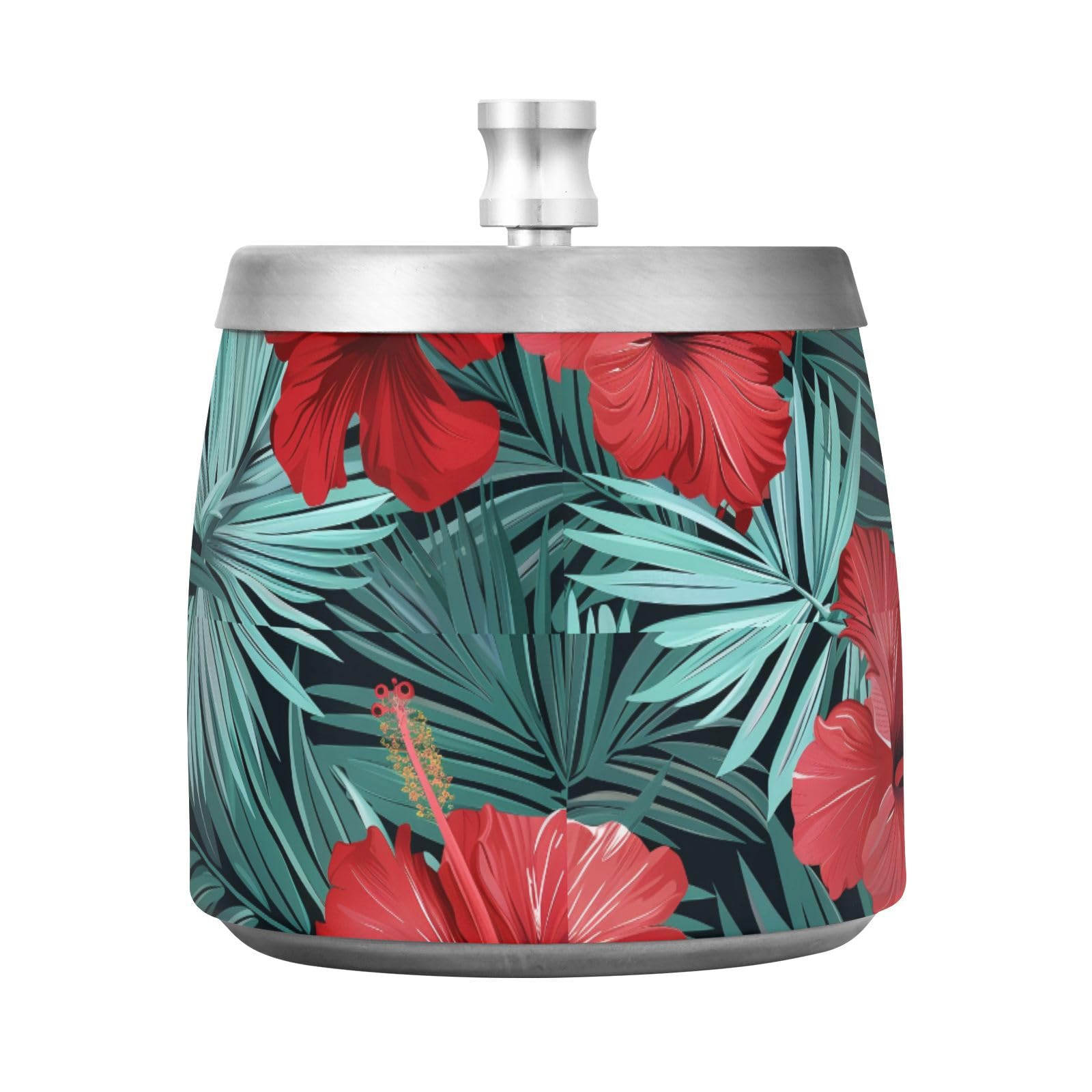 Tropical Red Flowers Palm Leaves Ashtray with Lid, Outdoor Ashtrays for Patio, Stainless Steel Ashtray Odorless Smokeless for Home Office Balcony