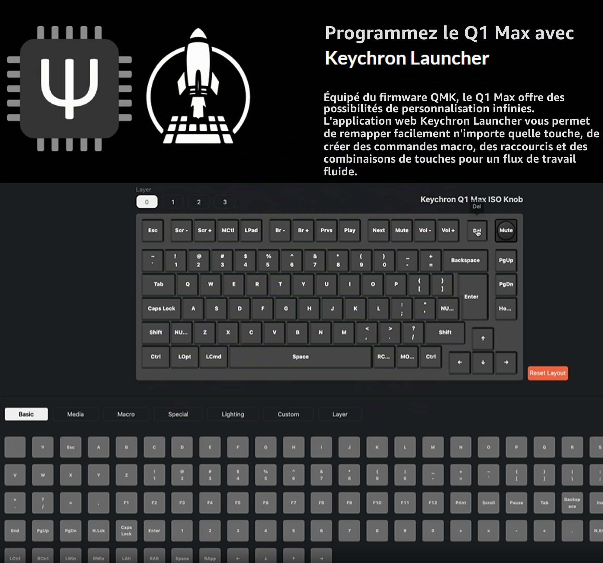 Keychron Q1 Max Clavier Mécanique sans Fil, Disposition des Touches Complète avec Bouton, Programmable QMK/Via, 2,4 GHz/Bluetooth/Filaire, Commutateurs Gateron Rouge pour Mac/Win - Noir (FR Layout)