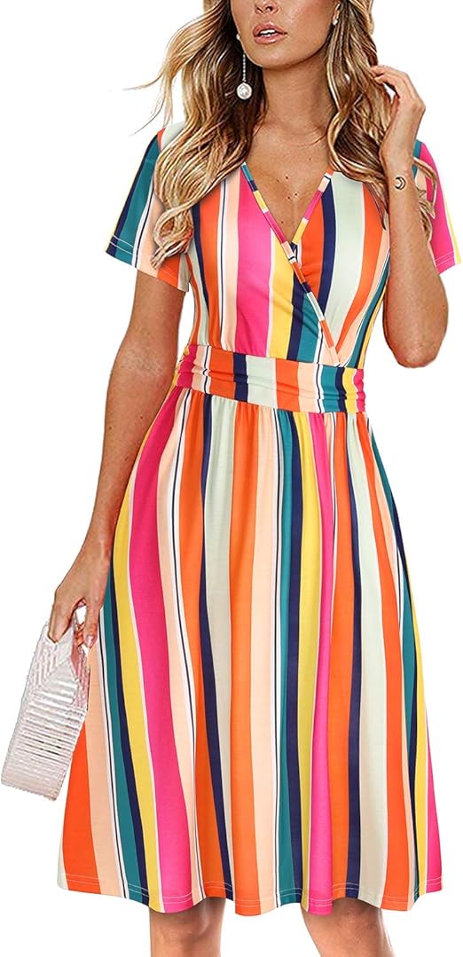 OUGES Women's Summer Short Sleeve VNeck Floral Short Party Dress with