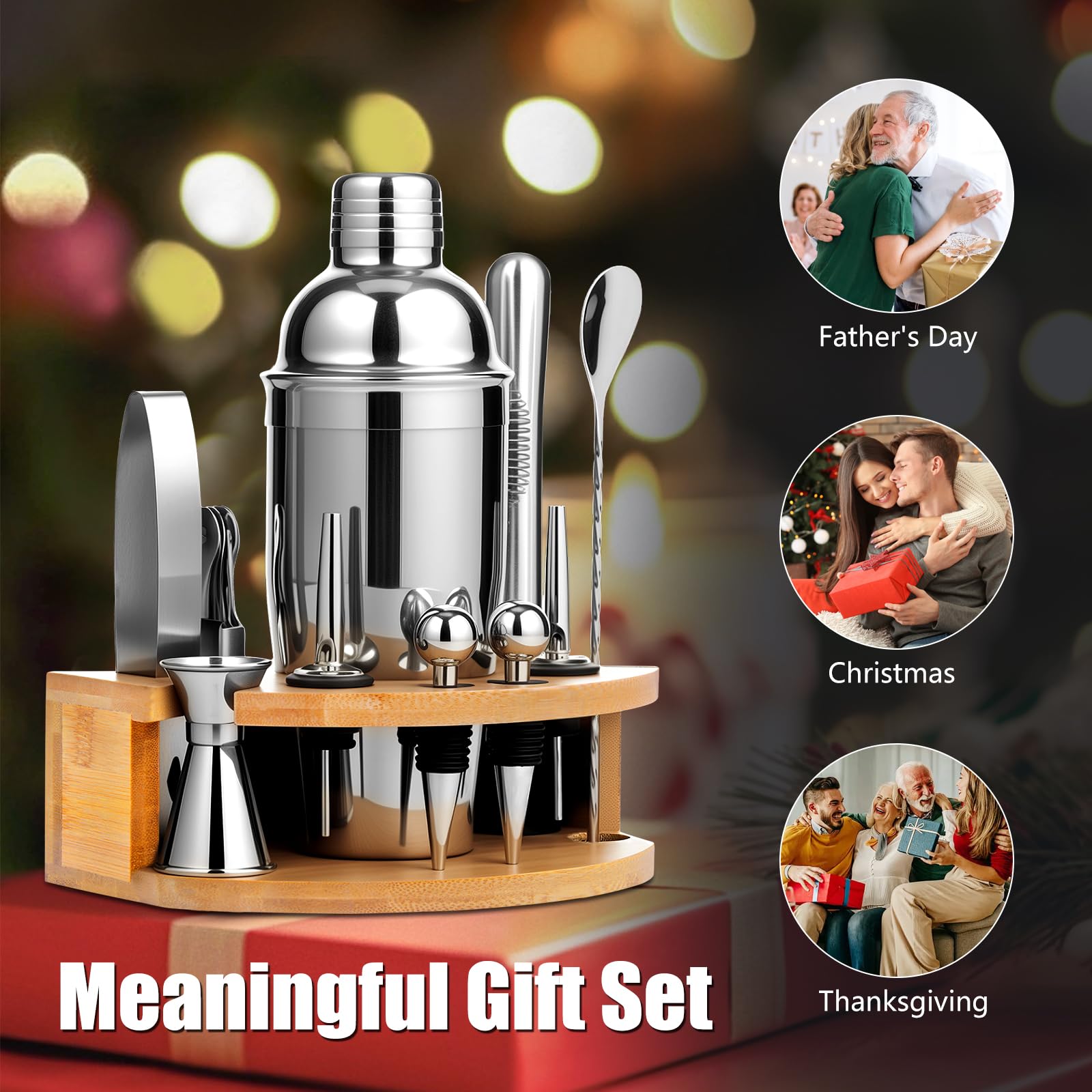 AOKITO Cocktail Set, Coctelera Profesional de Acero Inoxidable de 12 Piezas, Coctelera de 750 ml, Kit Cocktail de Barman con Soporte de Madera para El Hogar o El Bar