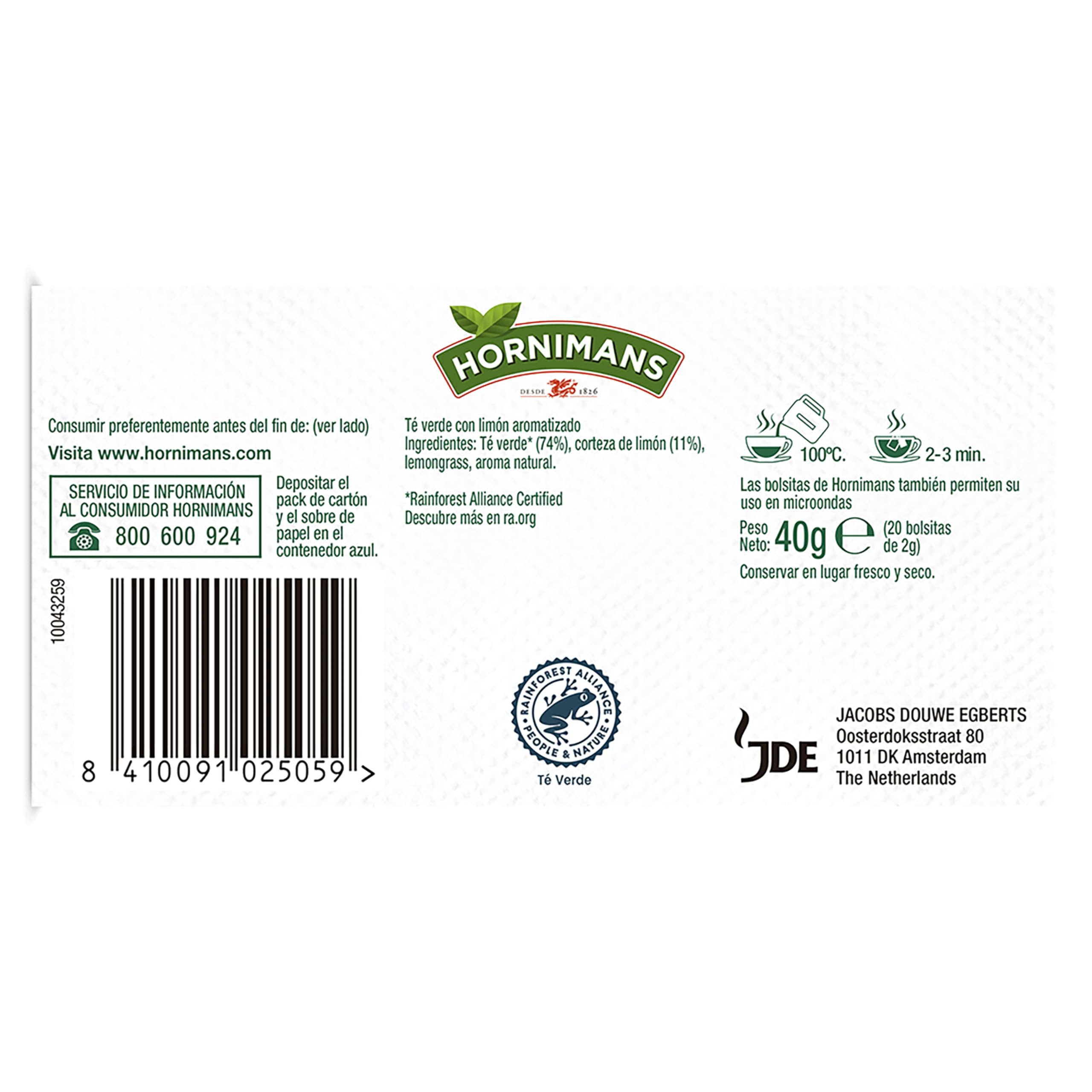 Hornimans Té Verde al Limón Ingredientes 100% Naturales | 20 bolsitas | Con Teína