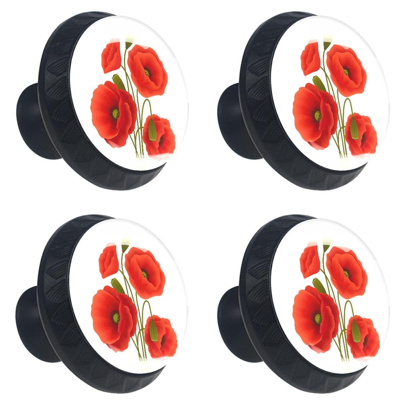 Boutons de tiroir en verre au motif coquelicot rouge d'art