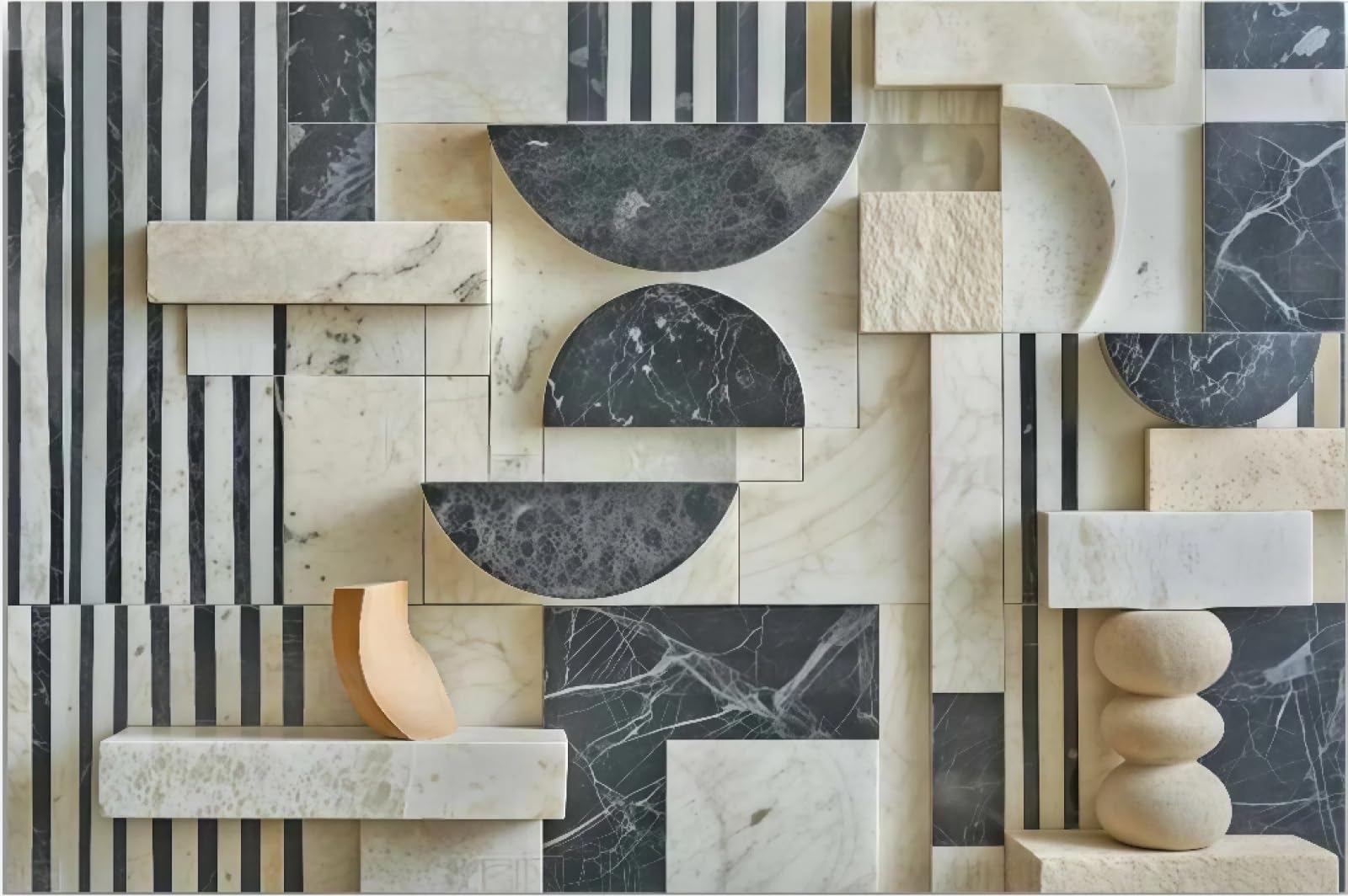 Nowoczesna czarno-biała tapeta sztuka w paski półokrągły patchwork rock tłoczony marmurowy wzór TV sofa tło tapeta ścienna salon restauracja kawiarnia ścienna, 3D, 250x175cm