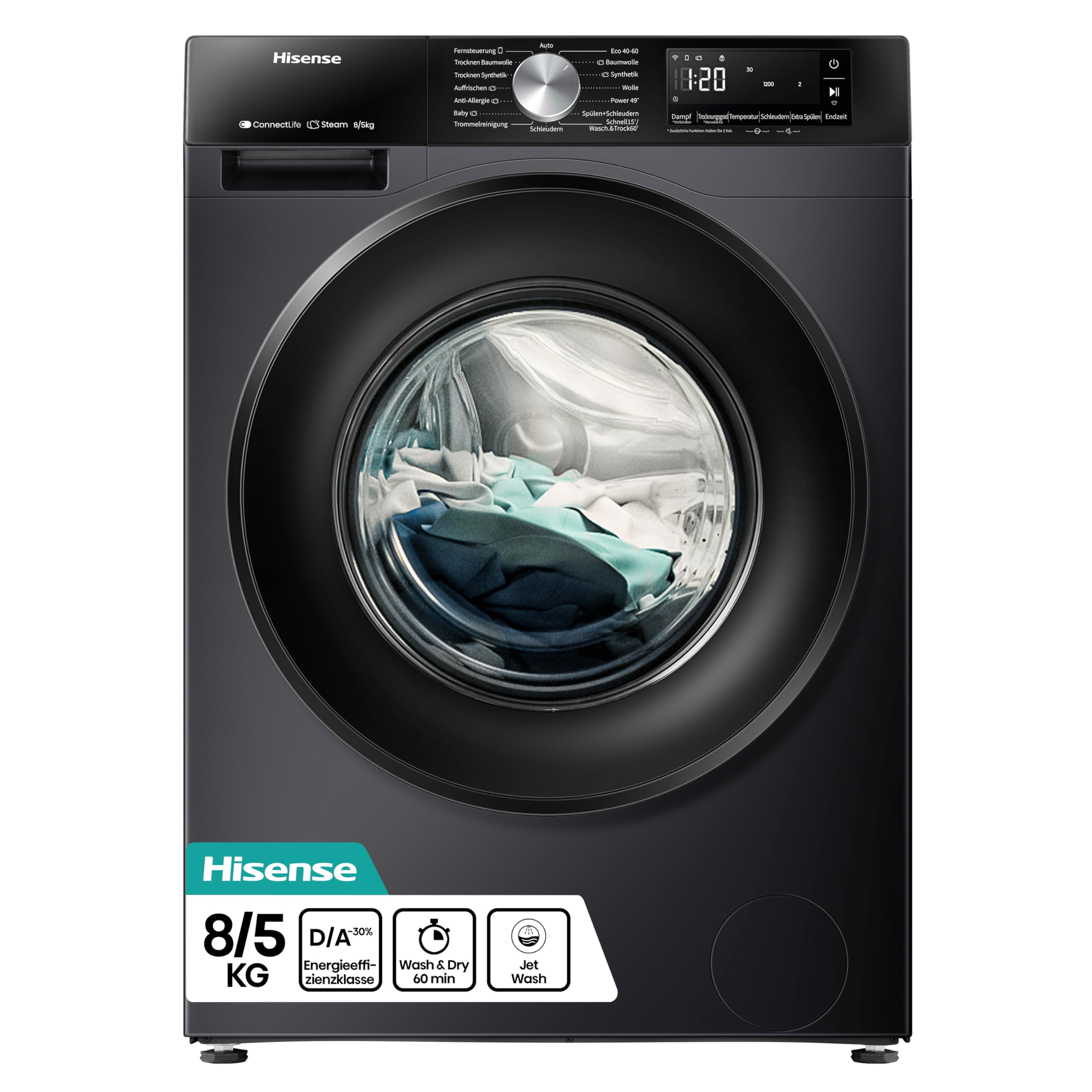Hinsense WD3S8043BB3 Waschtrockner/ConnectLife /16 Programme /8 KG, 54 Liter /1400 U/min/Dampffunktion/JetWash/Anti-Allergie Program/Auto Program/Eco Wash/Steam Refresh/Schwarz