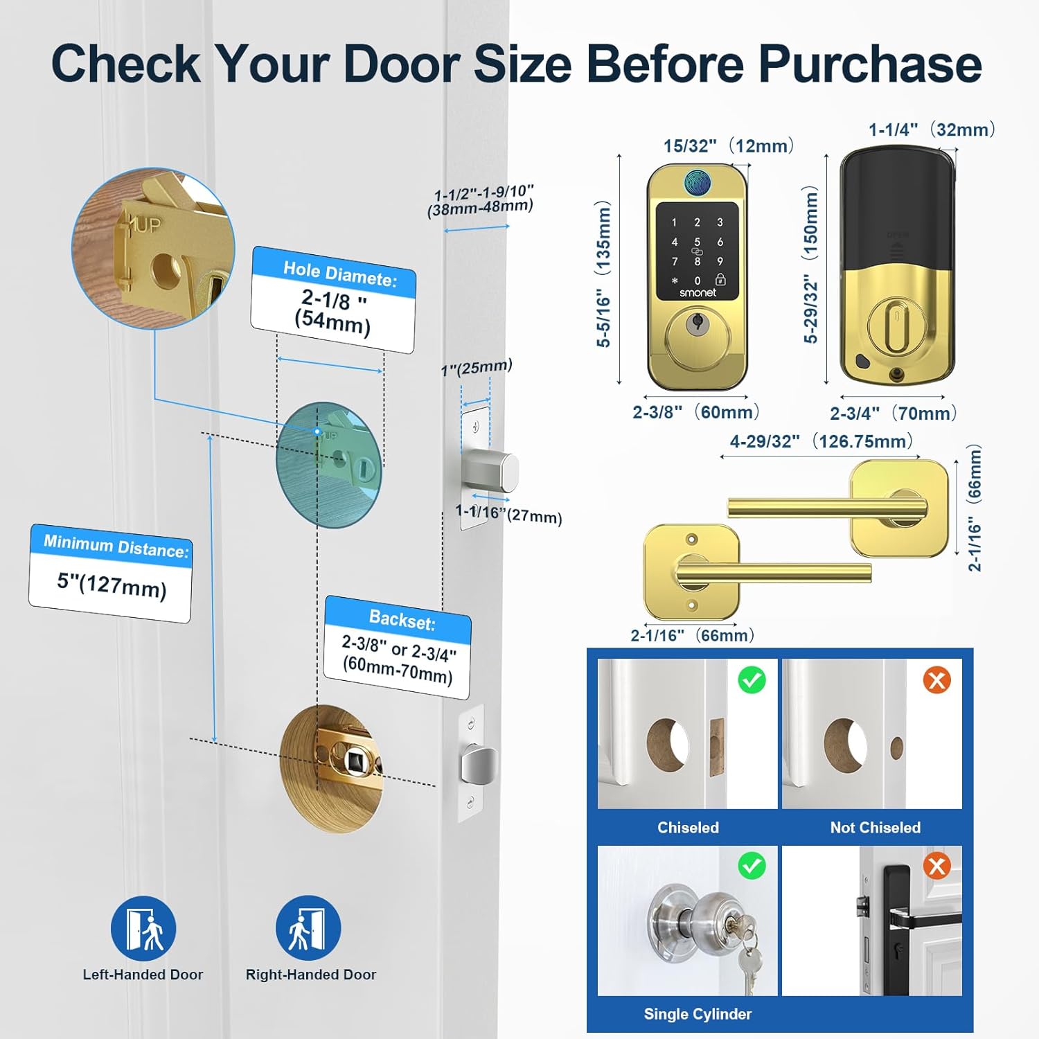 SMONET WiFi Keyless Door Lock with Handle Set – Fingerprint Smart Bluetooth Keypad Deadbolt, Remote Control via App & Alexa, Auto Lock, Code & Fob for Home Security, Gold