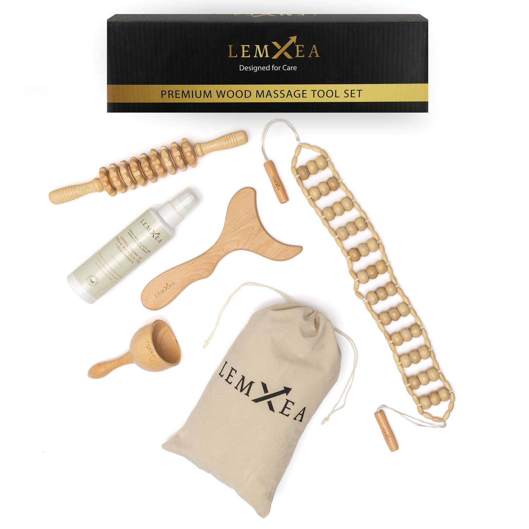 Maderoterapia Kit - Set De 4 Utensilios De Madera Anticelulítico Con Crema Para Masaje 200 ml Contra La Celulitis - Maderoterapia Corporal - Kit Para Drenaje Linfático Completo De Abdomen Y Piernas