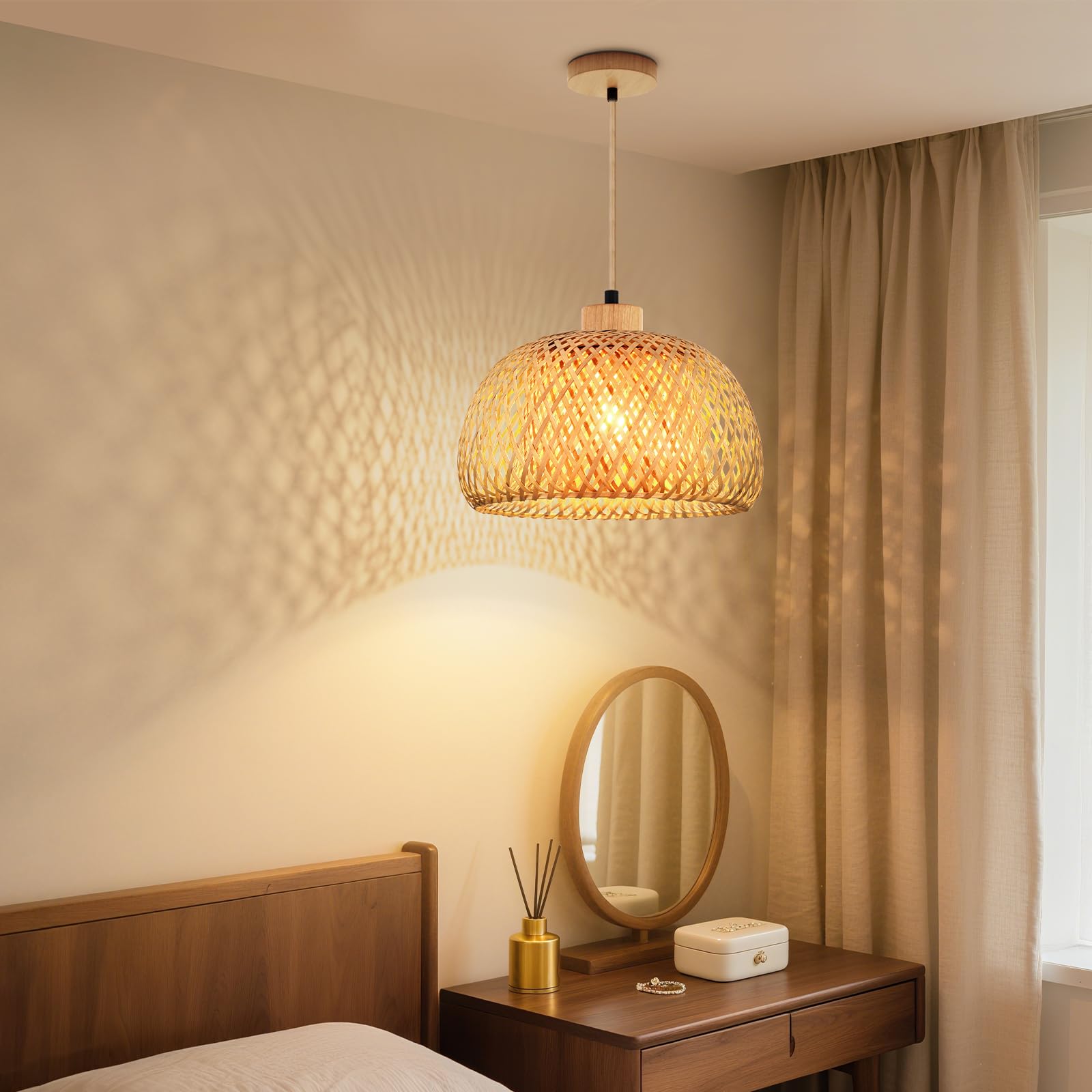 FRIDEKO HOME Hängelampe Rattan Natürlicher Bambus Pendelleuchte Esstisch mit E27 Fassung,Boho Lampe Deckenlampe Korb Lampenschirm Rattan für Schlafzimmer Wohnzimmer Flur Küche
