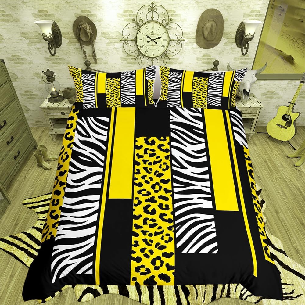 richhome Yellow Black White Leopard Bedding Set for Girls Boys Kids Single Size Cheetah Comforter Cover Set Room Decorative Animal Duvet Cover Safari Zebra Bedspread Cover 2Pcs Bedclothes