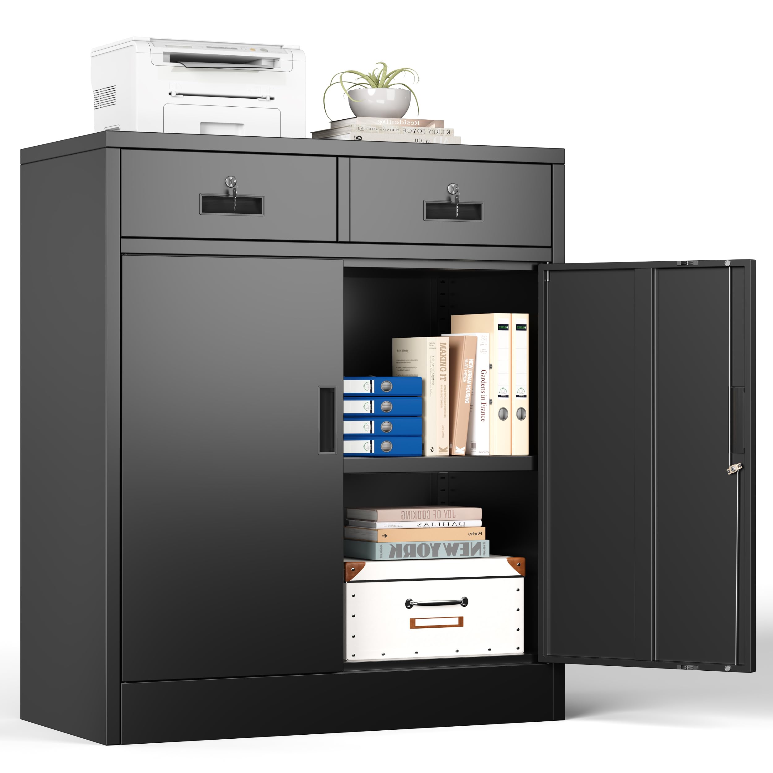 Armoire de Rangement en Métal Noir 90x80x40cm, Verrouillable à 2 Portes avec 2 tiroirs & 1 étagère réglable en Hauteur, Placard Polyvalent en Acier pour Garage, Bureau, Maison et Salon