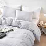 Wake In Cloud - Striped Comforter Set, Ticking Stripe Vertical Pinstripe Neutral Farmhouse Pattern Printed, Soft Lightweight Bed Bedding Set, 3 Pieces, Gray, Full Size