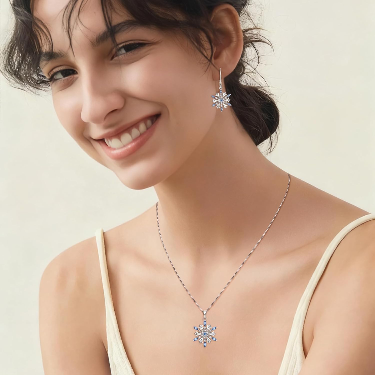 FJ Snowflake Necklace 925 Sterling Silver Winter Frozen Pendant Necklace Aquamarine Jewelry for Women - Image 2