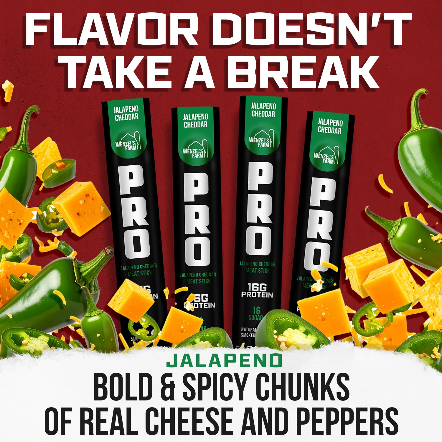 Wenzel's Farm PRO Snack Sticks - Naturally Smoked, Handcrafted with Real Quality Meat (Jalapeno Cheddar) Pack of 10 Sticks (1.9oz Each)