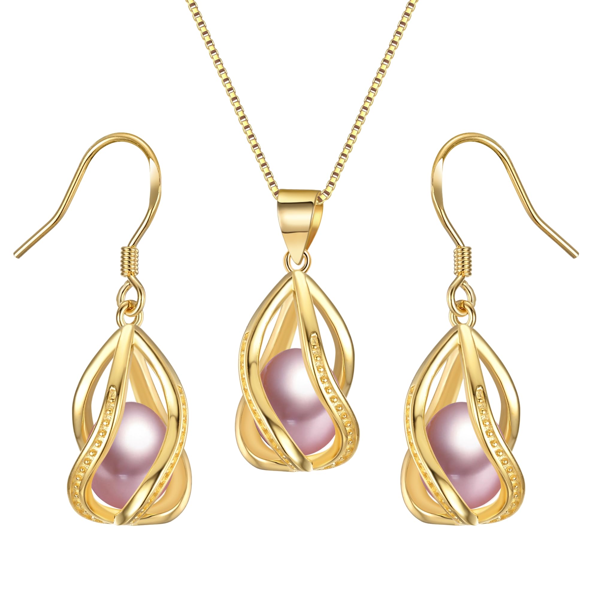 Pearl Jewelry Set For Women S925 Sterling Silver/14K Gold Plated Necklace & Earrings Set Freshwater Pearl Pendant Cage Set for Wedding Anniversary Prom Birthday Gift
