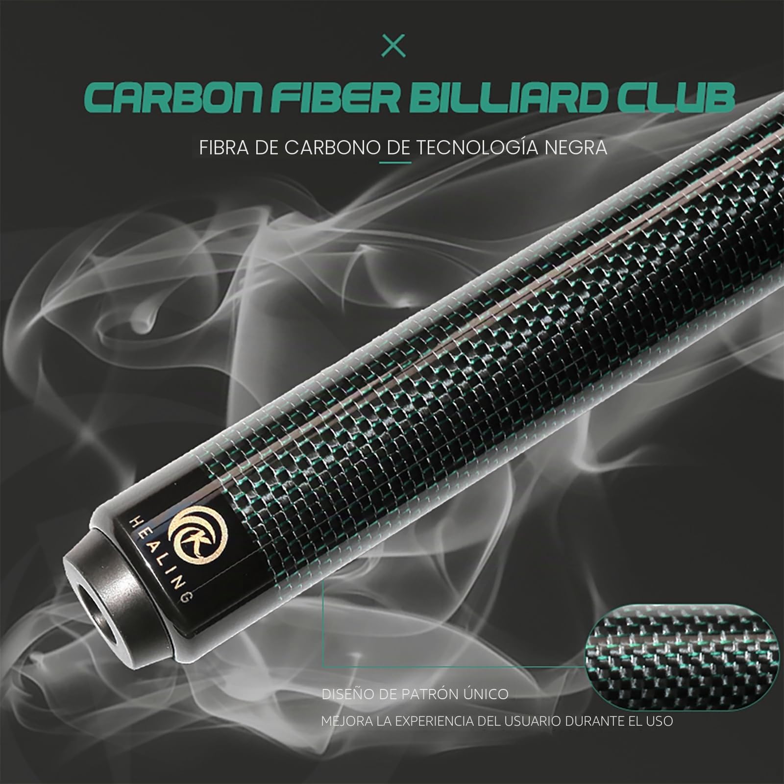 KHEALING Taco de billar de fibra de carbono de 58 pulgadas, estructura 1/2, conector de 3 dientes, punta de 12,4 mm, 540-567 g, adecuada para jugadores de billar profesionales