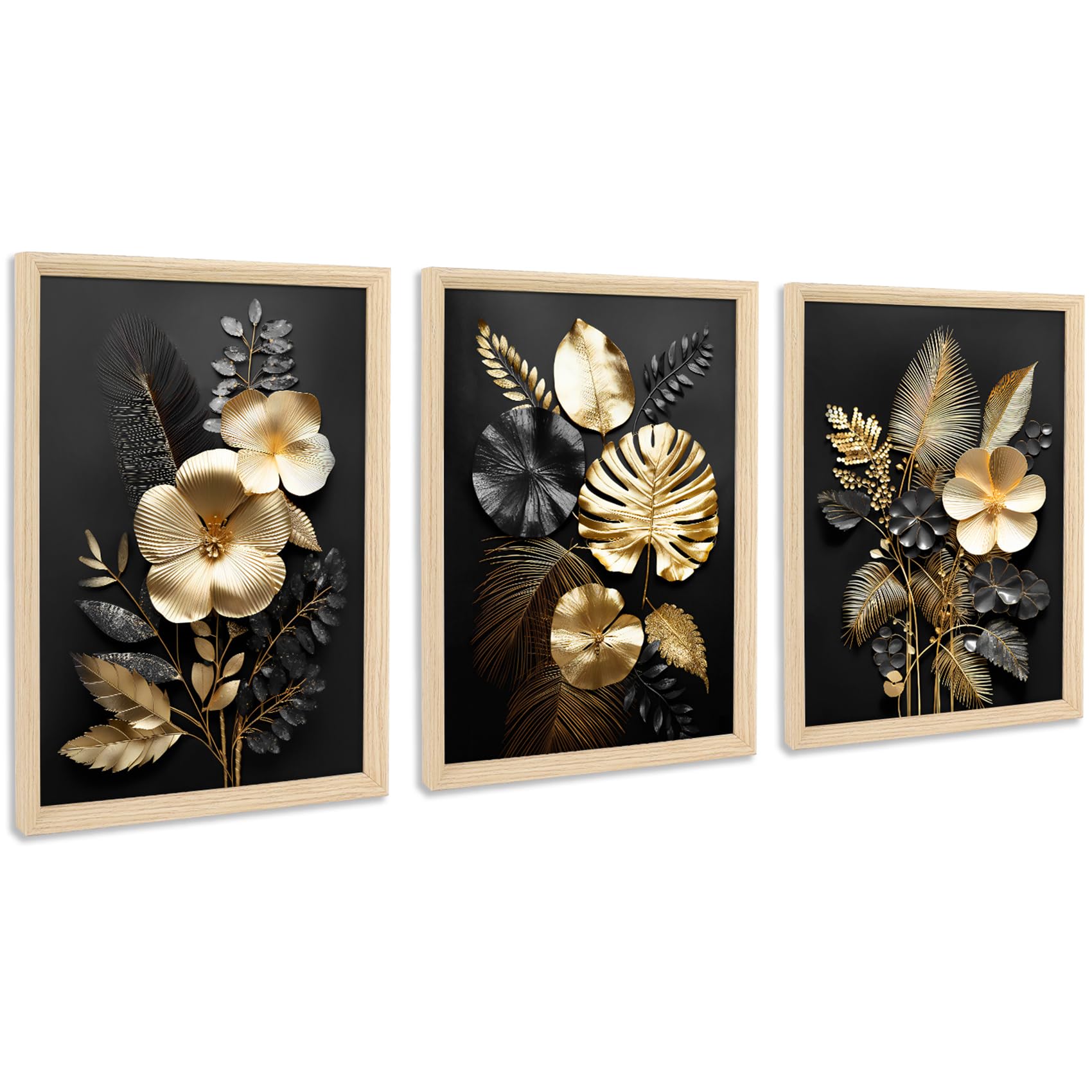 3Pcs Fiori 3D Oro Nero Stampa su Tela Con Cornice Foglie di Monstera Pittura Quadri su Tela Quadri Moderni Poster Camera da Letto Soggiorno Decorazioni 90x40cm(12"x16"x3pcs) (Senza Plexiglass)