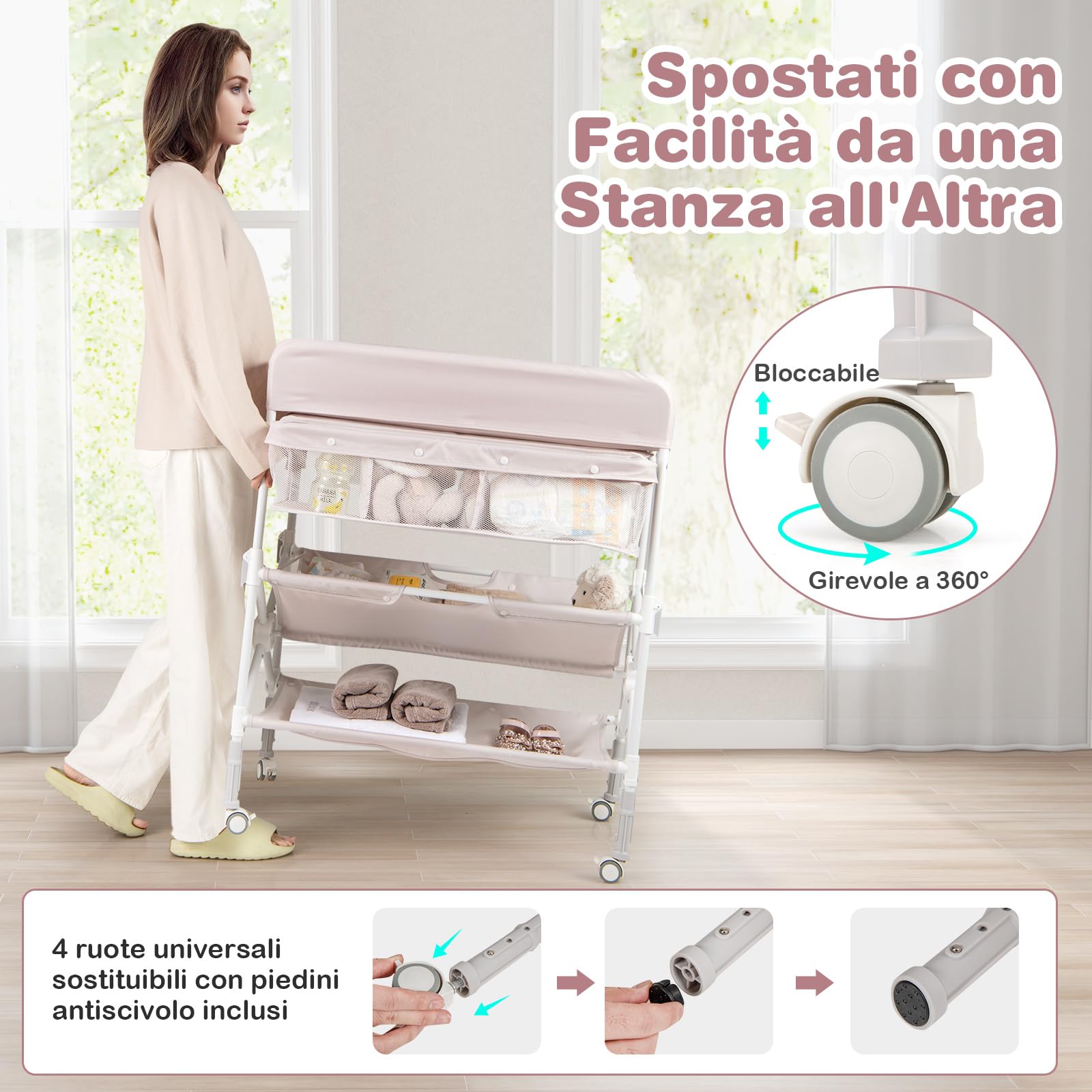 COSTWAY Fasciatoio Pieghevole Neonato, Fasciatoio Portatile con Altezza Regolabile, Comodino per Pannolini con Ruote di Bloccabili, 2 Ripiani, Porta Asciugamani, Cestino di Rifiuti (Beige)