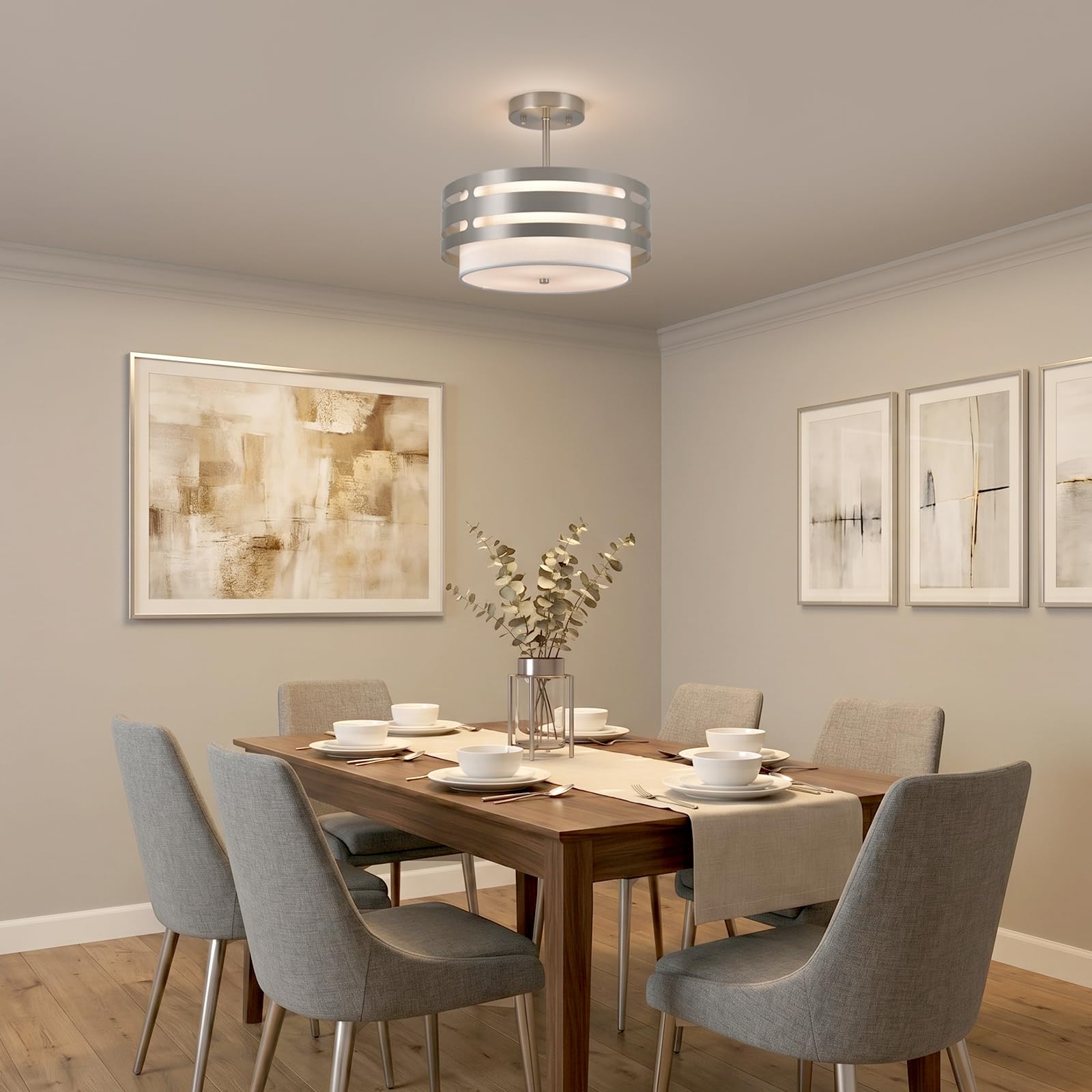 Silber Deckenlampe Wohnzimmer, Silber Deckenlampen mit Stoffschirm, E27 Deckenleuchte, Ø 32CM Moderne Deckenlampe Kronleuchter für Küche, Flur, Schlafzimmer, Esszimmer