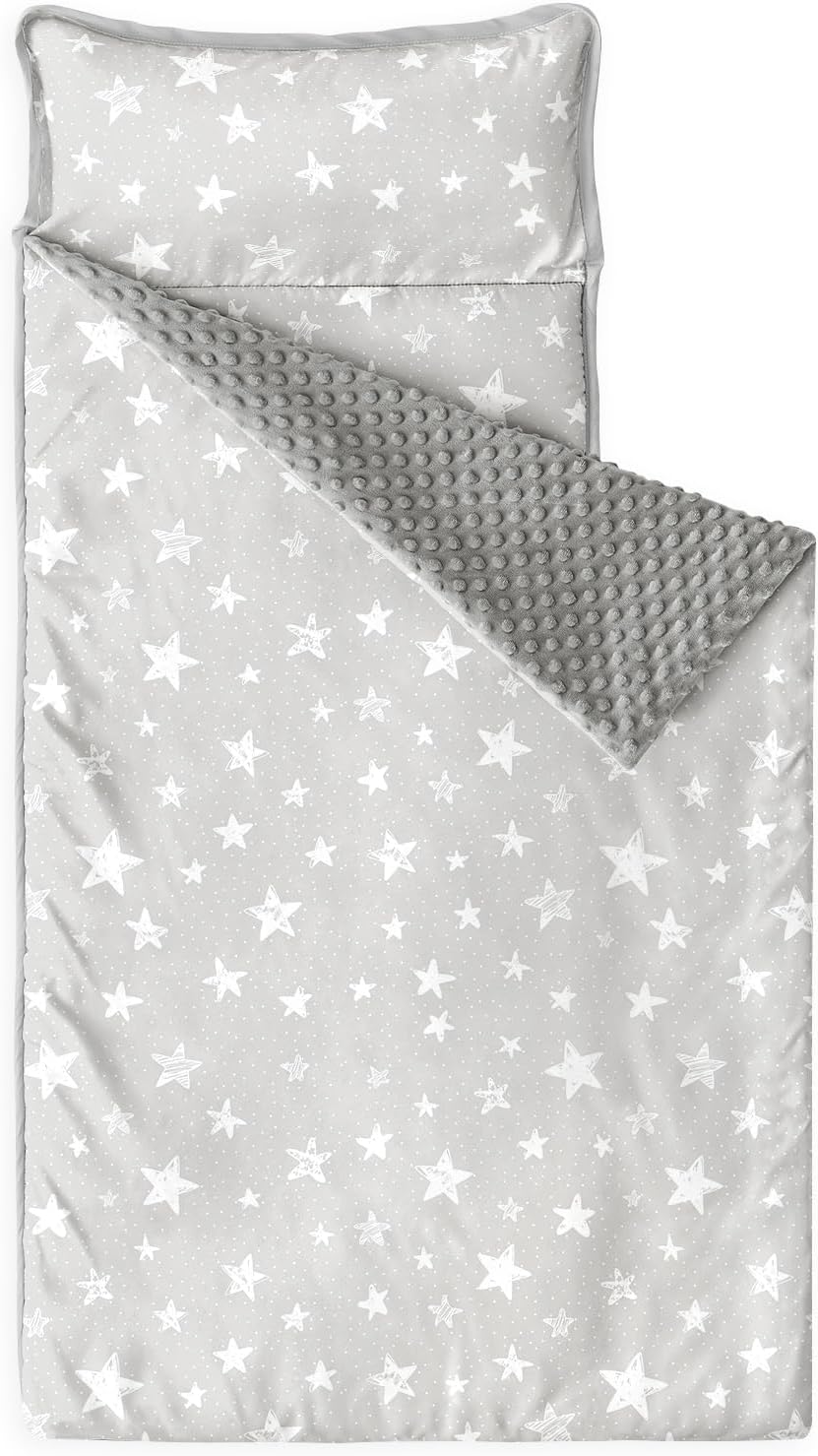 Wake In Cloud - Toddler Nap Mat with Pillow and Minky Fleece Blanket, for Kids Boys Girls in Daycare Preschool Kindergarten, Roll Up Sleeping Bag, Cute Star Polka Dot