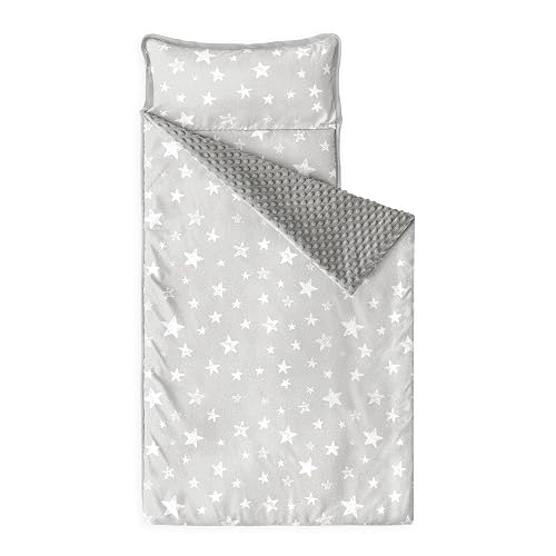 Wake In Cloud - Toddler Nap Mat with Pillow and Minky Fleece Blanket, for Kids Boys Girls in Daycare Preschool Kindergarten, Roll Up Sleeping Bag, Cute Star Polka Dot