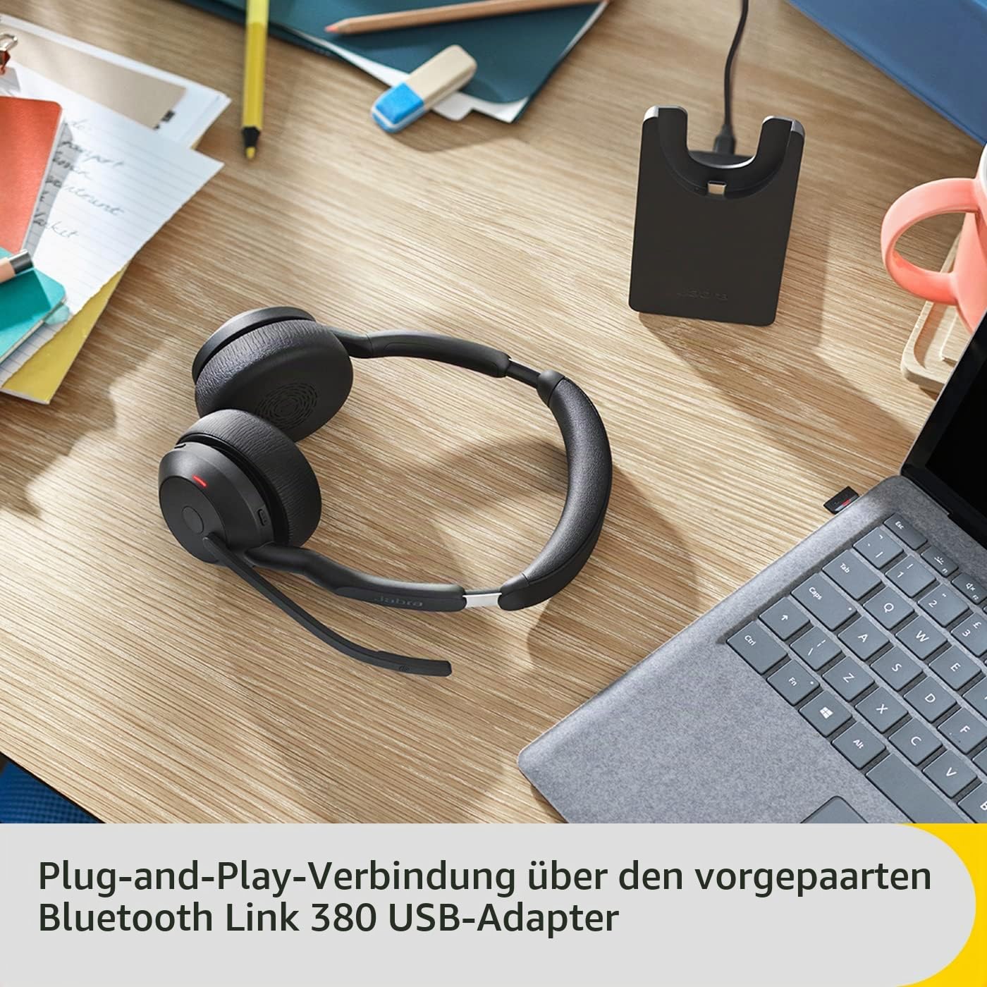 Jabra Evolve2 55 – kabelloses Stereo-Headset mit Ladestation Air Comfort, ANC und Geräuschunterdrückung, MS Teams Zertifiziert, kompatibel mit Anderen Plattformen – Schwarz (Generalüberholt)