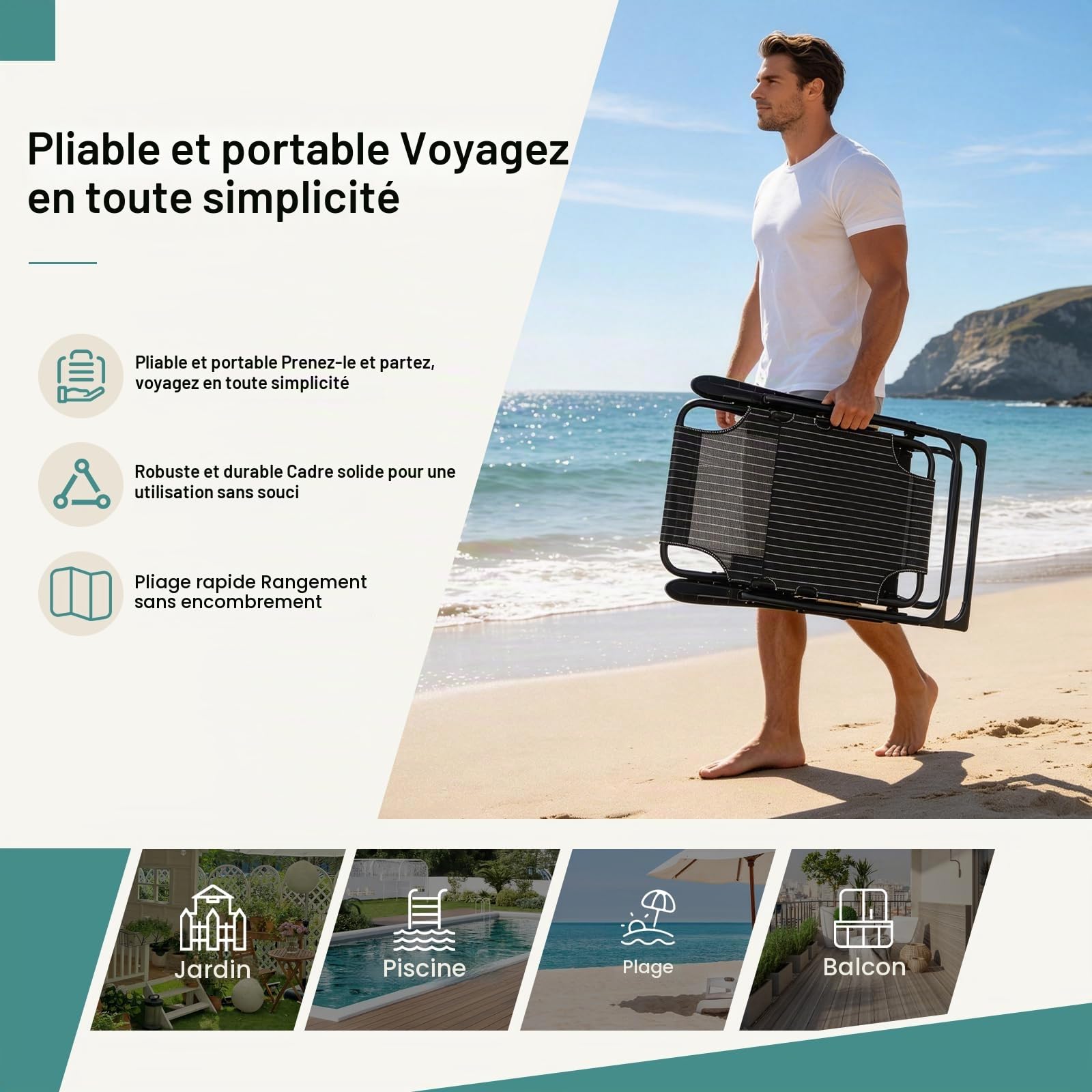 Chaise Longue Jardin Exterieur, Dossier RéGlable 7 Positions, Chaise Longue Pliante avec Coussin et Appuie-TêTe, Capacité 150kg, Transat Pliable pour Jardin, Balcon (Noir) (Noir foncé)