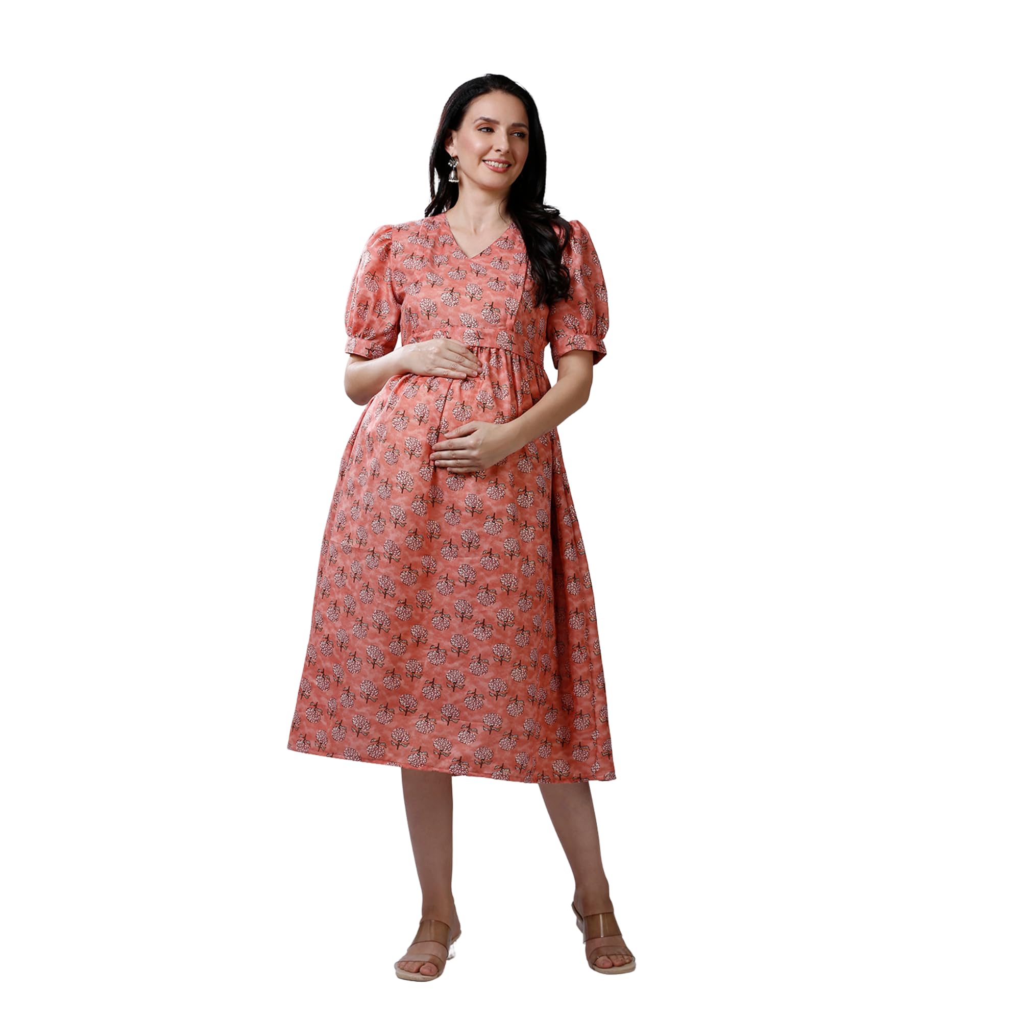 Womens Coral Cotton Maternity Dress|Black-picture-39