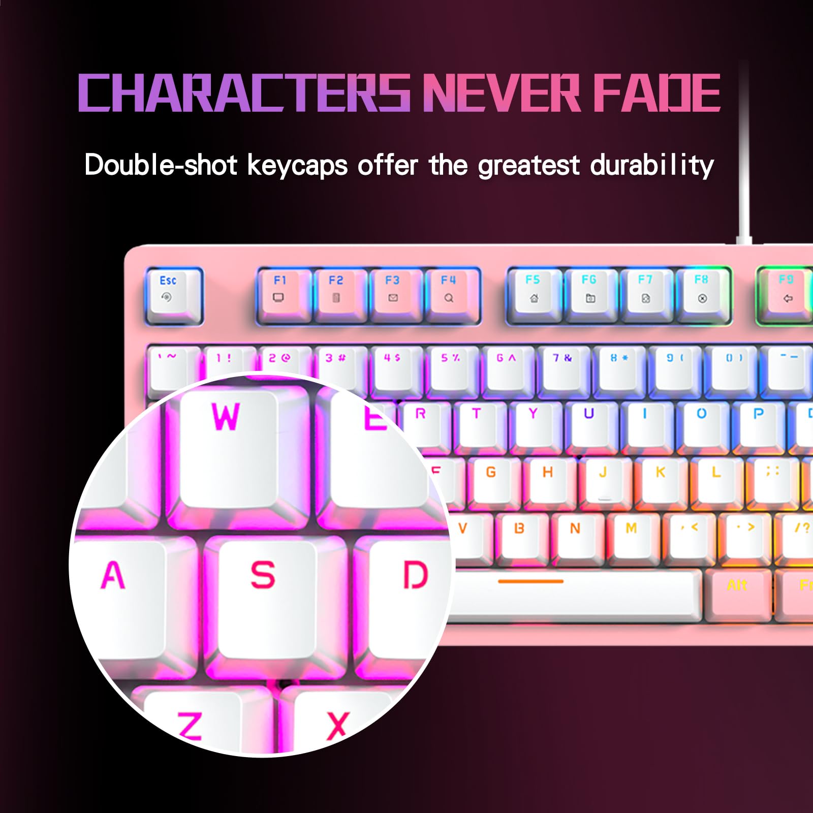 FOXXRAY HKM-95 przewodowa mechaniczna klawiatura do gier, pełnowymiarowe podświetlenie RGB z pokrętłem sterowania multimediami, przełączniki Outemu, USB Plug and Play, do PC/Mac/Windows, różowa i