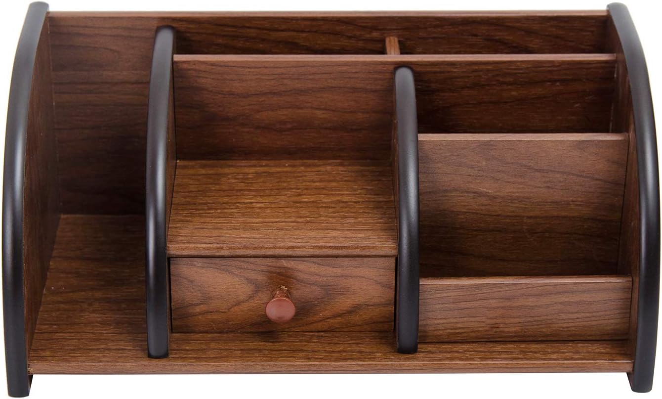 Cherry Brown Wood Desktop Organizer Multiple Compartments Stepped Racks Drawer Shelf Tabletop Storage Cabinet Stationery Holder Office Accessory Supplies Caddy Sorter Home