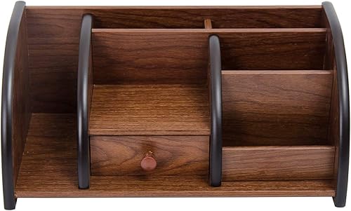 Miniatura 6 de Organizador de escritorio de madera marrón cereza, múltiples compartimentos, estantes escalonados, estante de cajón, gabinete de almacenamiento de