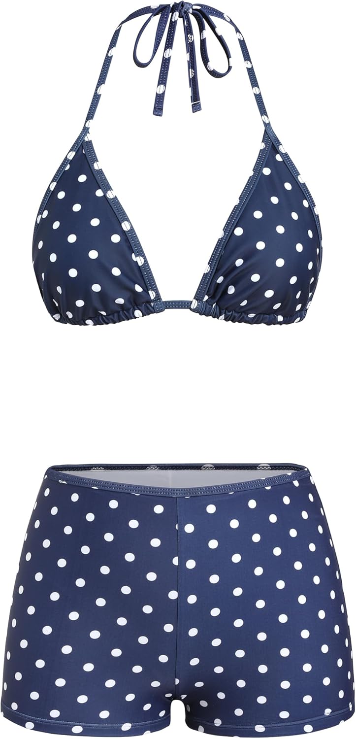 ZAFUL Women's Halter Bikini with Boyshort Triangle Gingham Color Block Swimsuits String Cheeky 2 Piece Bathing Suit