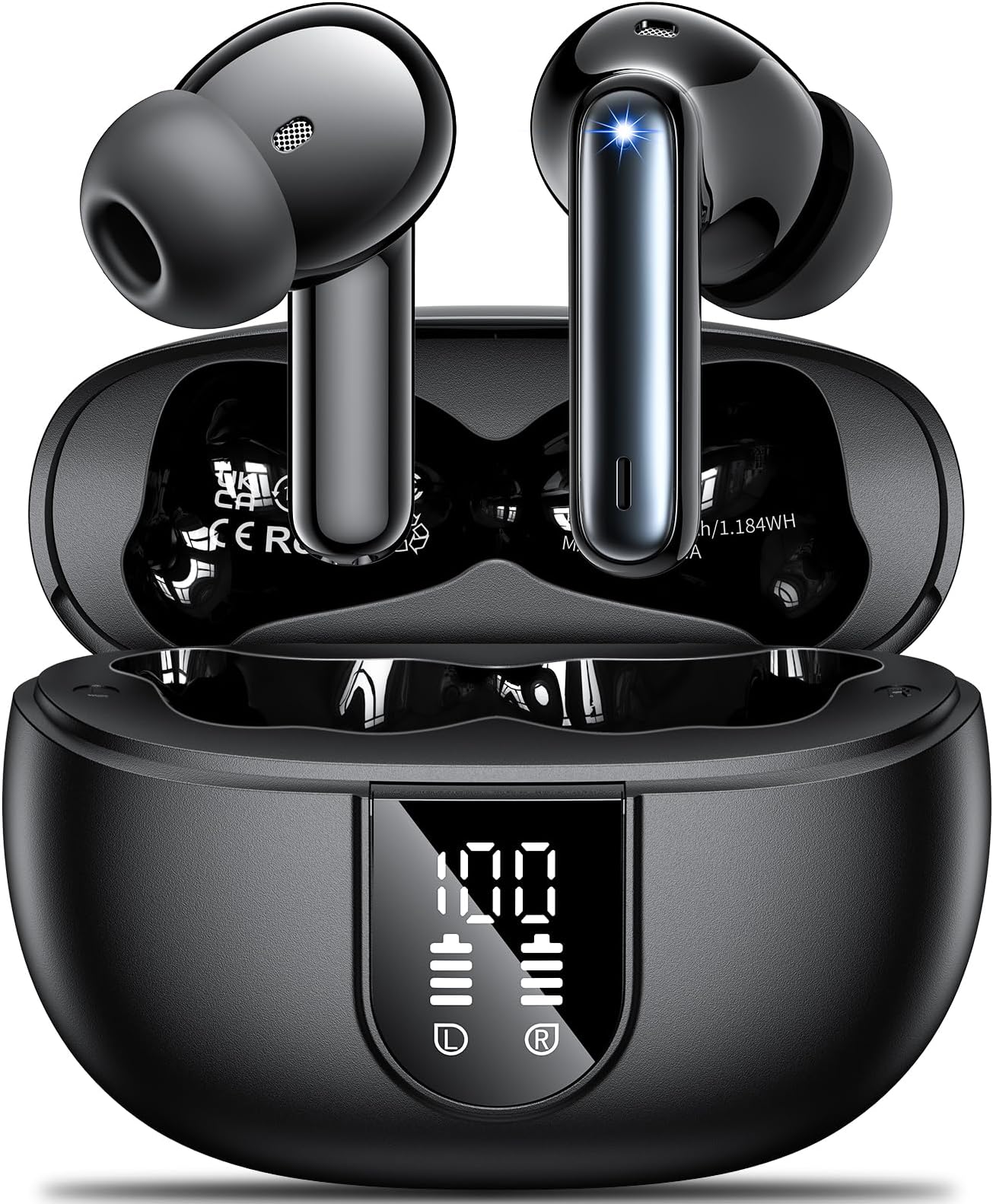 AOVOCE Wireless Earbuds, Bluetooth 5.3, 4 Mic ENC Calls, Noise Cancelling, 42H Playtime, Black