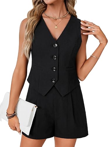 LYANER Women's 2 Piece Sets Button Sleeveless Blazer Vest and Shorts Set Suit Bu
