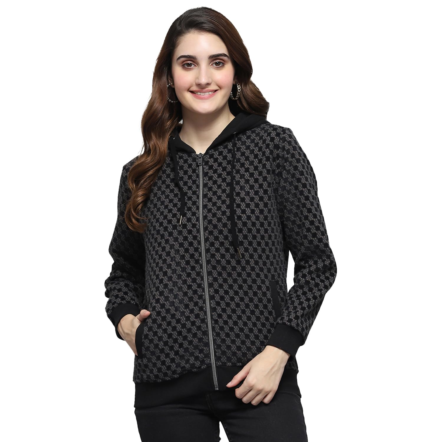 monte carlo Self Design Black Hooded Neck Full Sleeve Sweatshirt for Womens-picture-22
