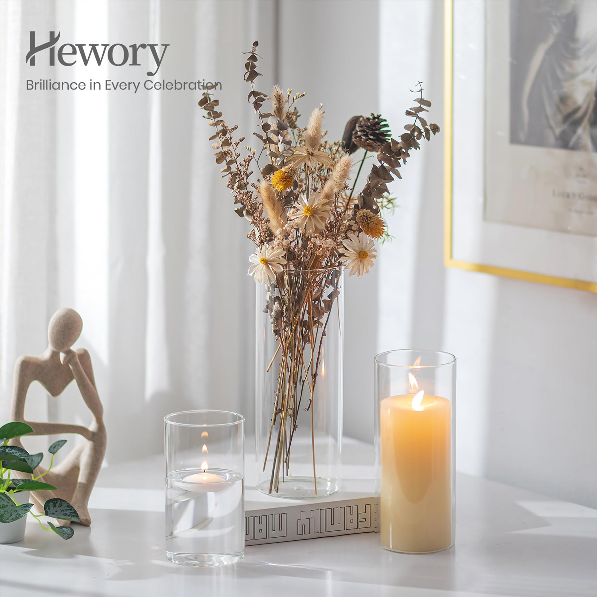 Vases Cylindriques en Verre pour Décoration de Table, Hewory 6 Vase Transparent 3mm Épais Photophore Verre pour Decoration Mariage, Photophore Bougie pour Decoration Maison Home