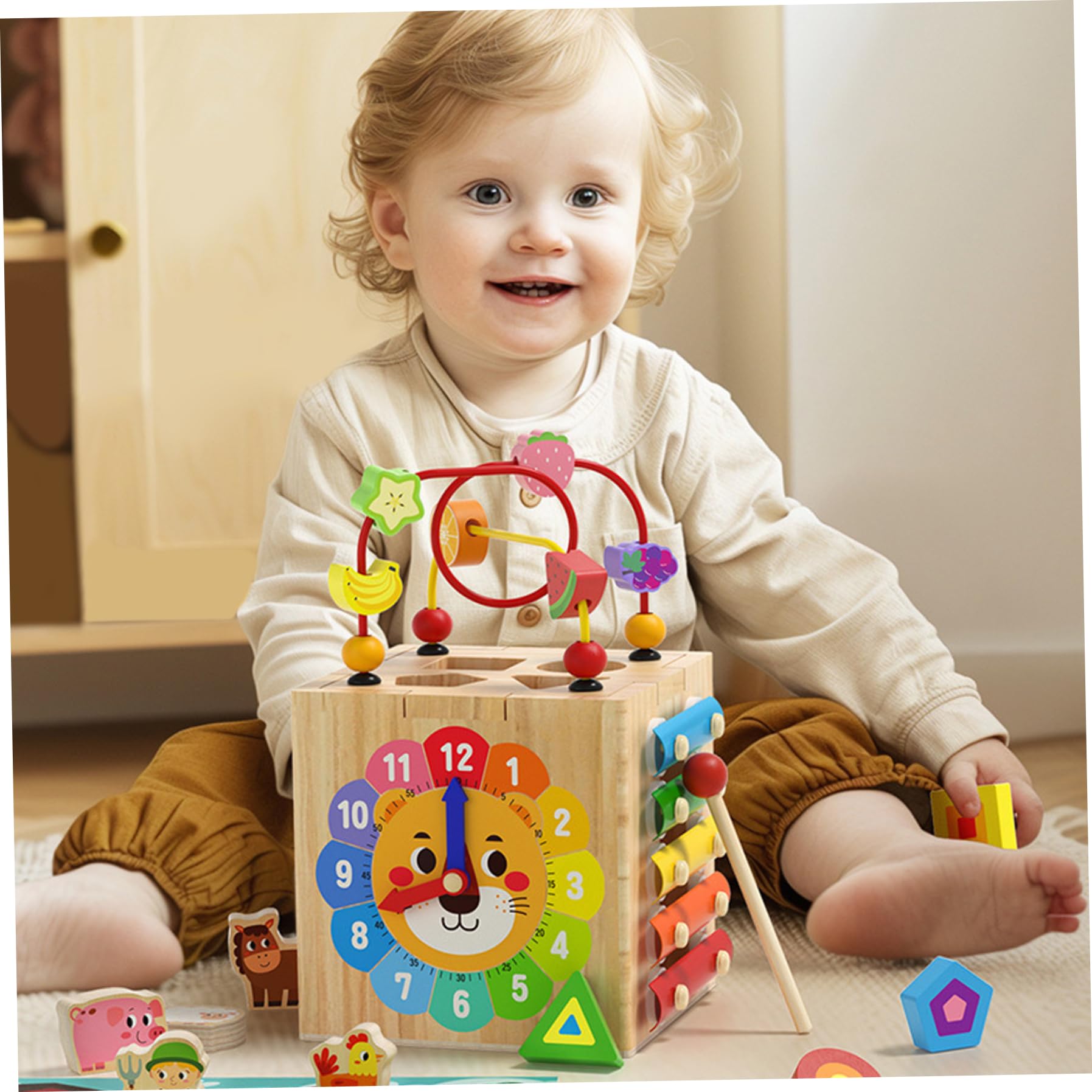 Juguetes de cubo de actividades de madera, 1 juego 6 en 1, cubo de actividades multifuncional para bebés, juguetes sensoriales educativos y de aprendizaje para niños para vacaciones y cumpleaños