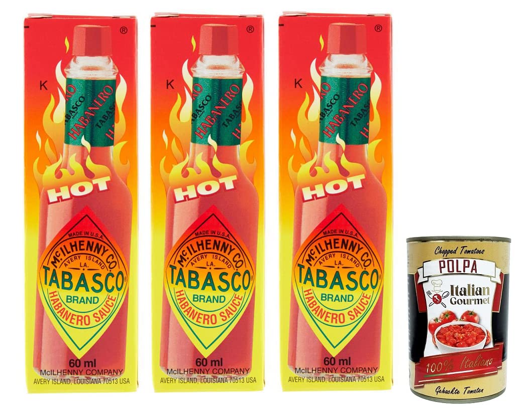 3 salsas Tabasco Habanero, para las salsas más afiladas de Tabasco, se procesan chiles Habanero de 60 ml + lata de 400 g de Polpa Gourmet Italiano