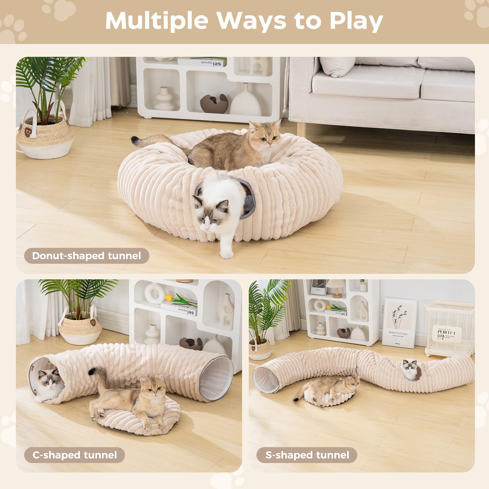 Avont Tunnel pour Chat Modulable, Tunnel Intérieur pour Jeu et Dormir, Lit Rond sous Le Sapin, Panier Chaud Moelleux pour Chat, Cabane Sapin de Noël, Donut avec Balles Suspendues et Fenêtres -Marron