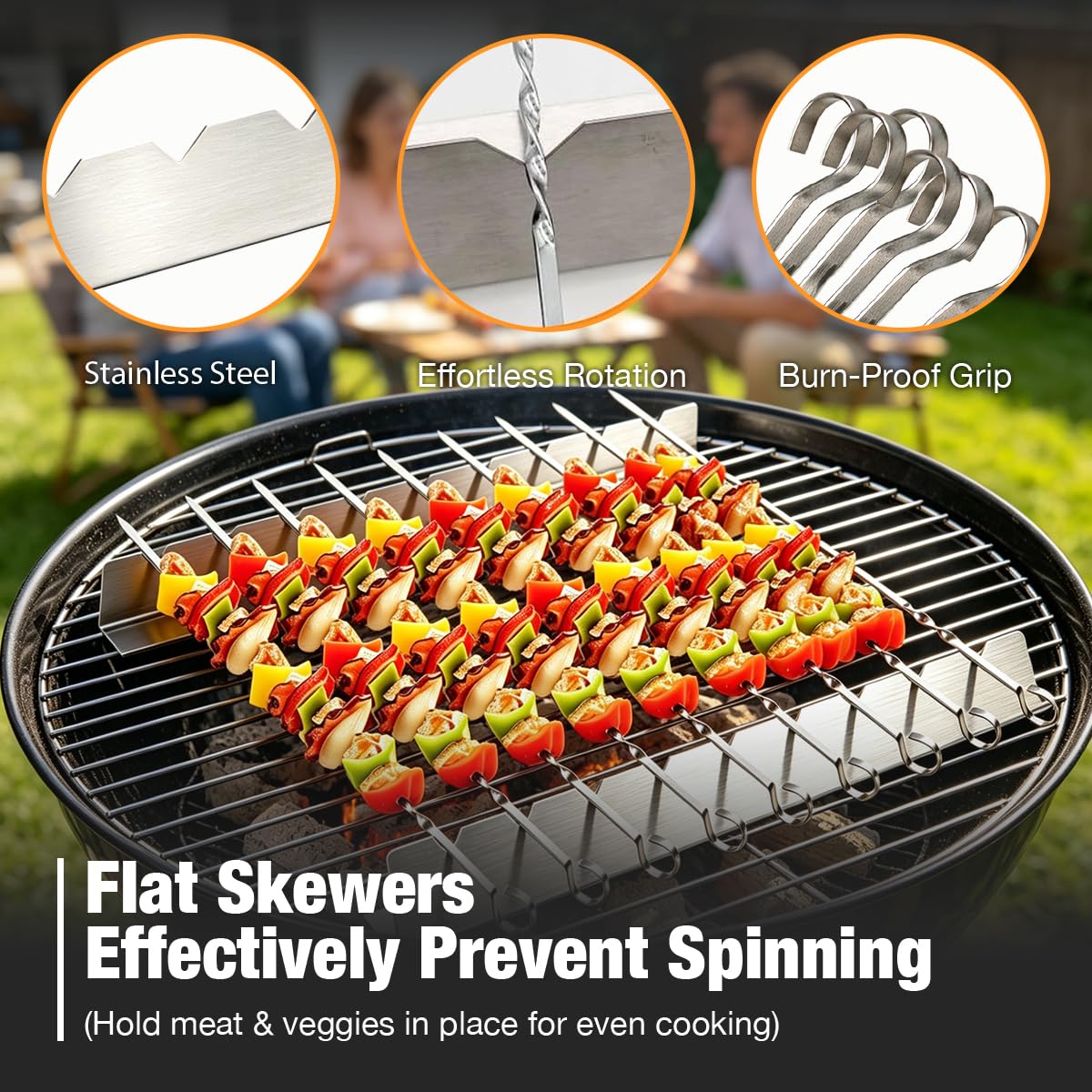 Set de 30 Brochettes Barbecue en Acier Inoxydable 40cm avec 2 Supports de Cuisson à 9 Encoches, Pique à Brochette Plate pour Grillade Jardin, Accessoire Barbecue Inox Lavable au Lave-Vaisselle