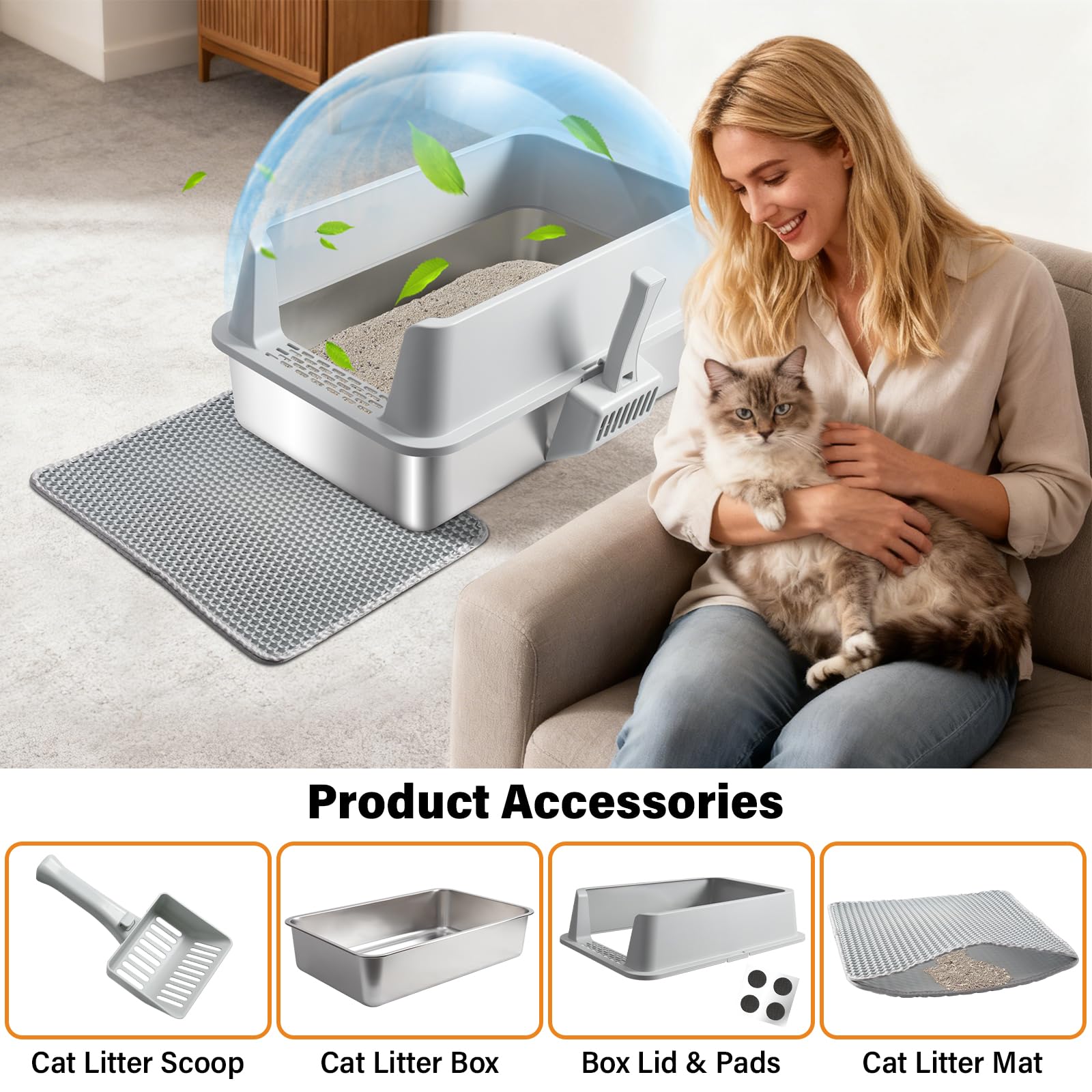 2 Pack Stainless Steel Litter Box,XL Metal Cat Litter Box with Lid High Sides,Extra Large Litter Box for Big Cats,Odor-Resistant, Scratch-Proof, Easy to Clean,Scoop &Mat Included - image 6