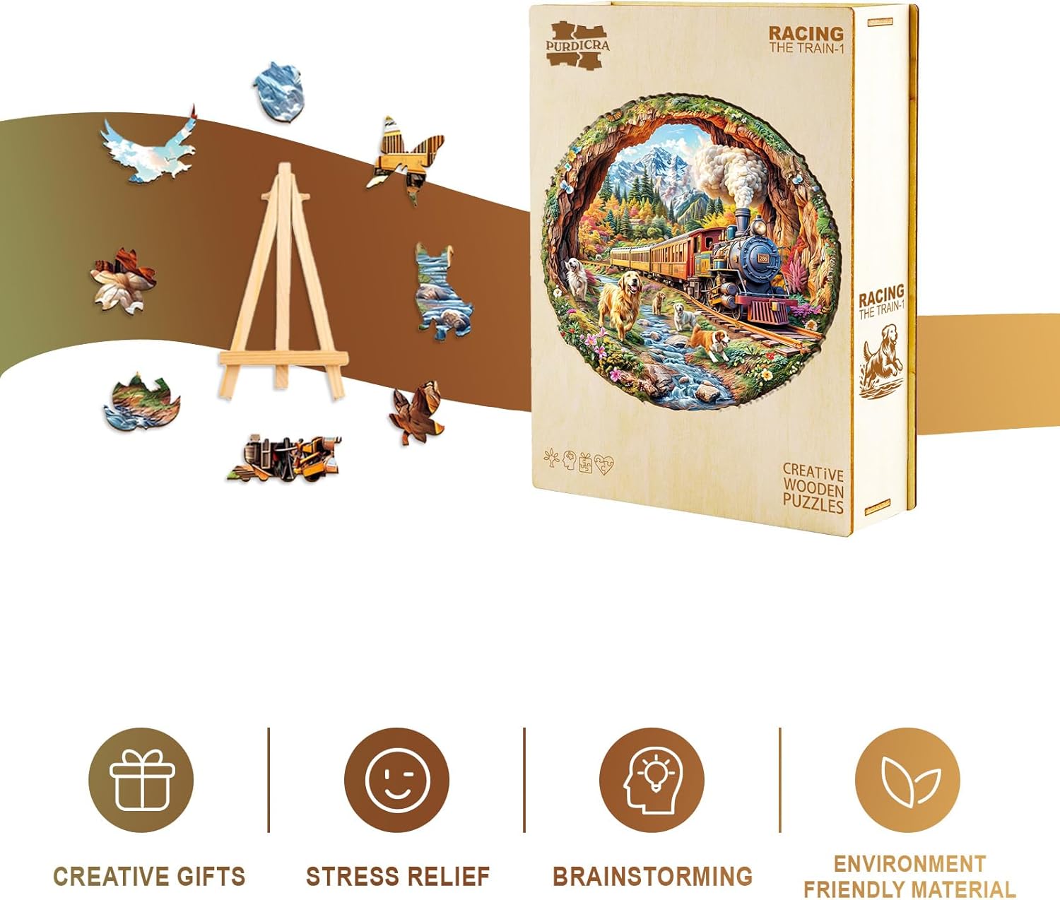 Wooden Puzzles for Adults - Racing The Train Wooden Jigsaw Puzzle, Unique Animal Shaped Wood Puzzles Adult, Christmas Birthday Gifts for Friends/Family, Home Decor 11.4"x11.2"-200pcs