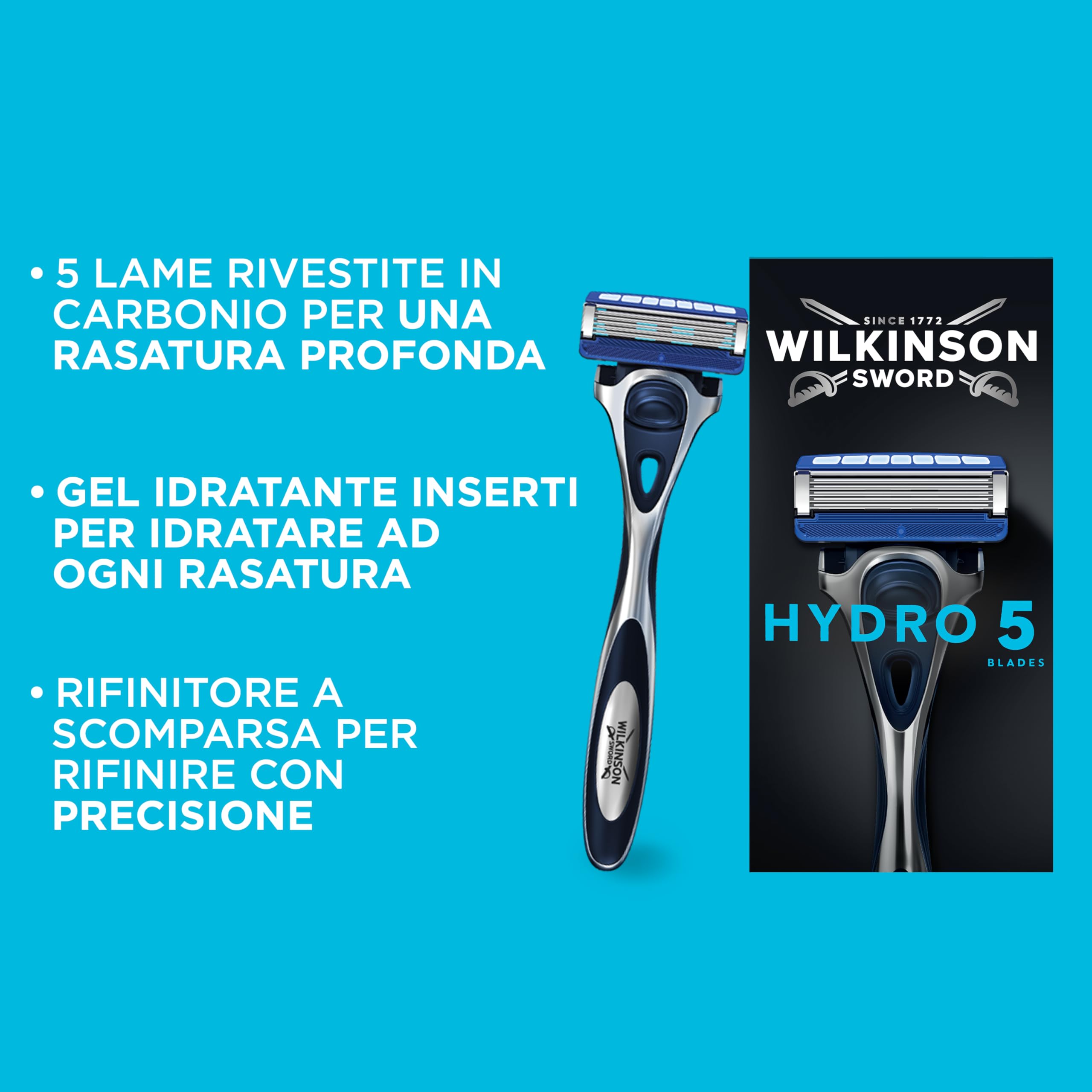Wilkinson Sword Rasoio Wilkinson Sword Hydro 5 Skin Protection, Confezione con Manico + 1 Testina 5 Lame Montata, Rasoio per Uomo, Ideale per Pelli Sensibili