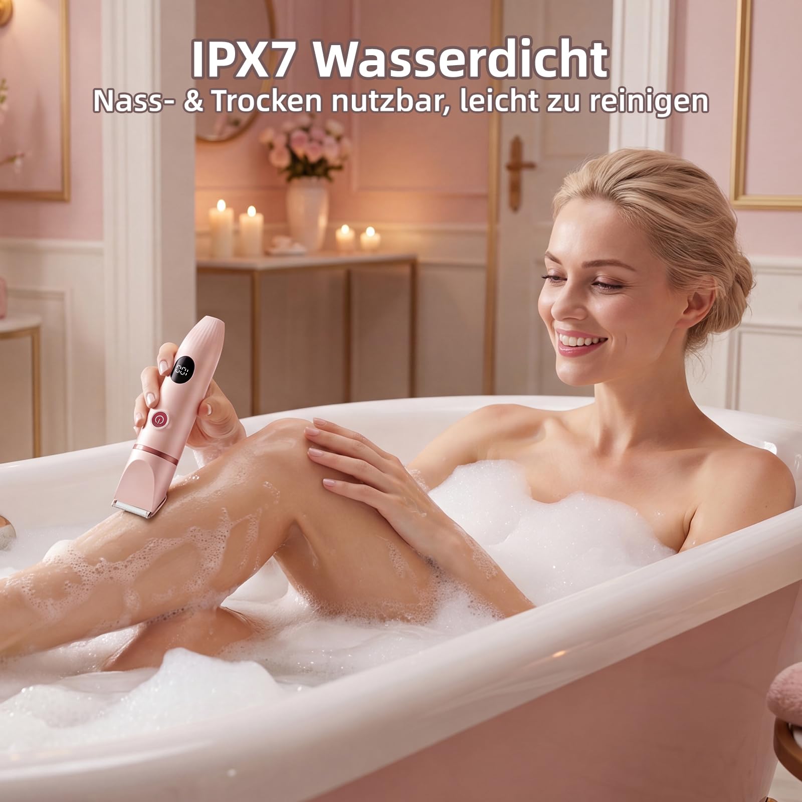 3-in-1 Intimrasierer für Frauen, Elektrischer Rasierer Damen | IPX7 wasserdicht, Sanfte Keramikklingen, LED-Anzeige, 600-mAh-Akku, kabellose Bauweise, 4 Kammaufsätze, Type-C-Ladung