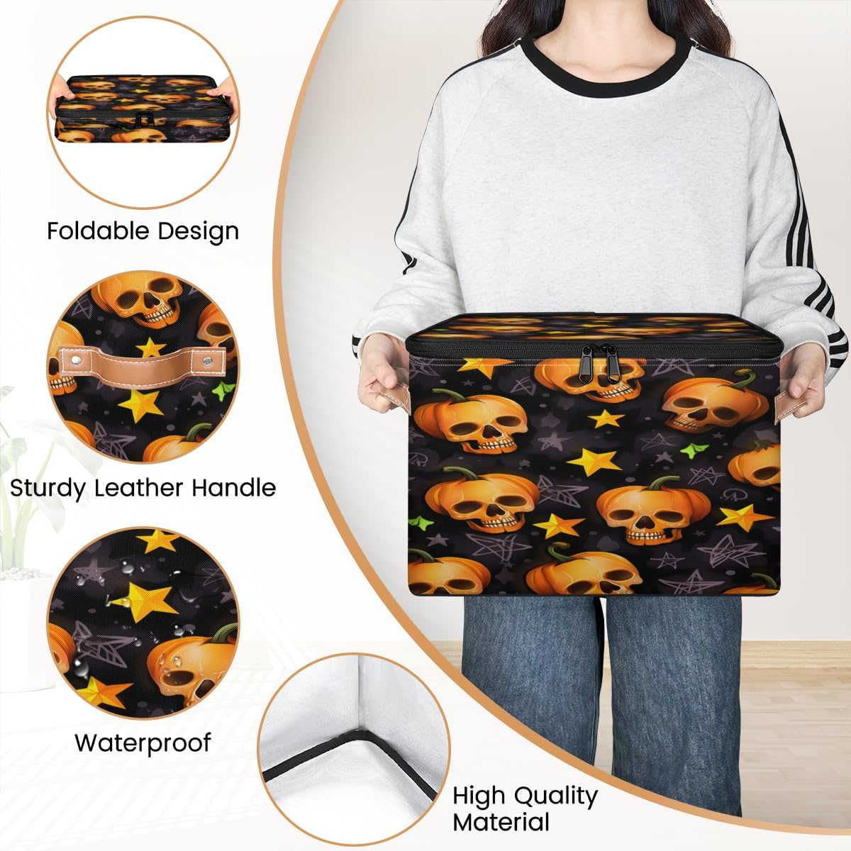 Storage Bin Set of 2 Skull Shape Pumpkin Storage Basket with Zipper Lid & Handle Foldable Closet Shelf 2 Pack Cloth Organizer Basket Cube Bins Clothes Organizer for Bedroom, Nursery