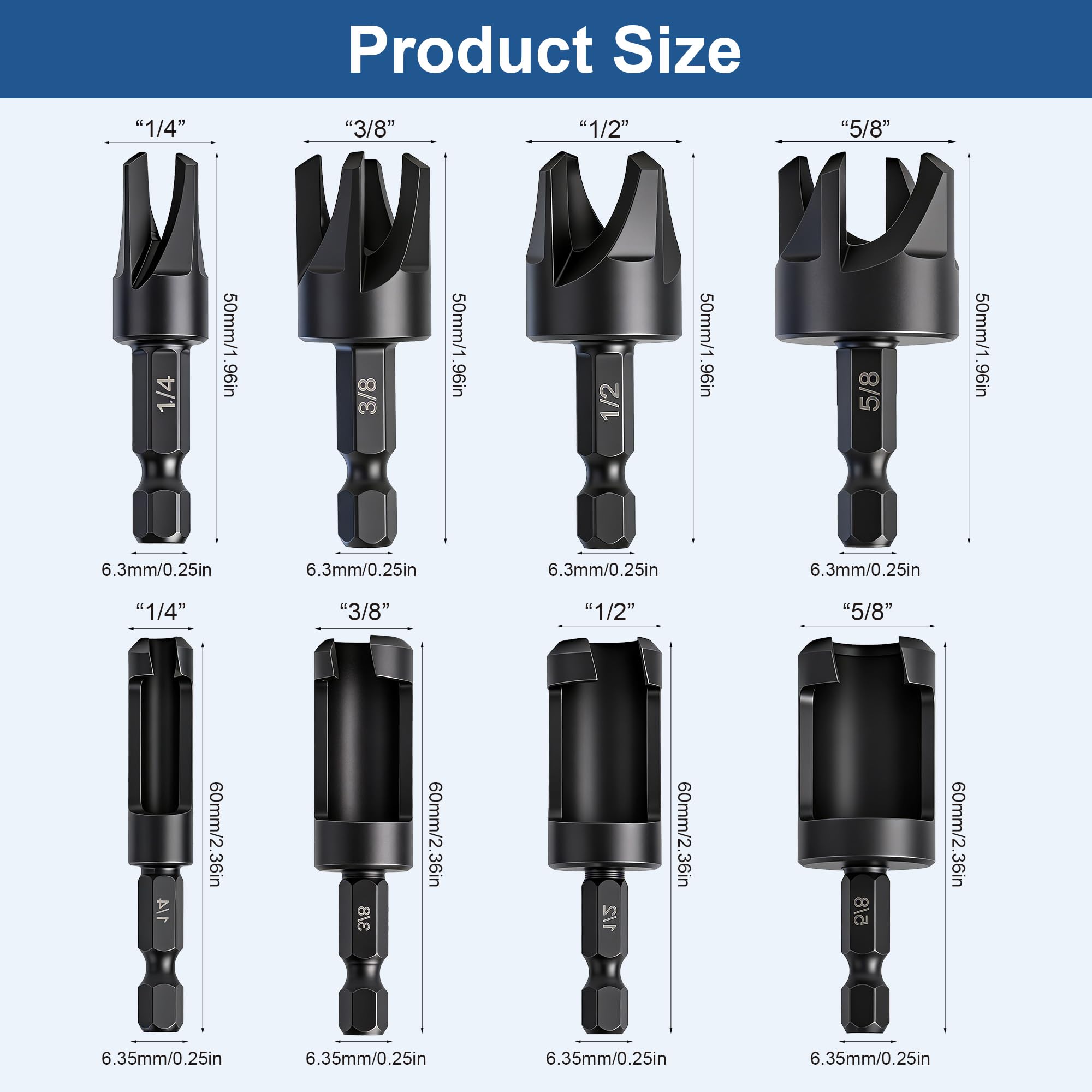 Wood Plug Cutter Set - 8 Pcs for Flush Fit -2