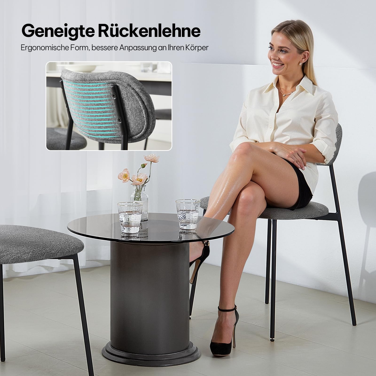 Lestarain Konferenzstühle Stapelbar, Esszimmerstühle 4er Set, Konferenzstühle Stapelbar, Küchenstühle, Polsterstuhl, Schminktisch Stuhl, für Esszimmer Küche Wohnzimmer, Metallbeine, Leinensitz, Grau