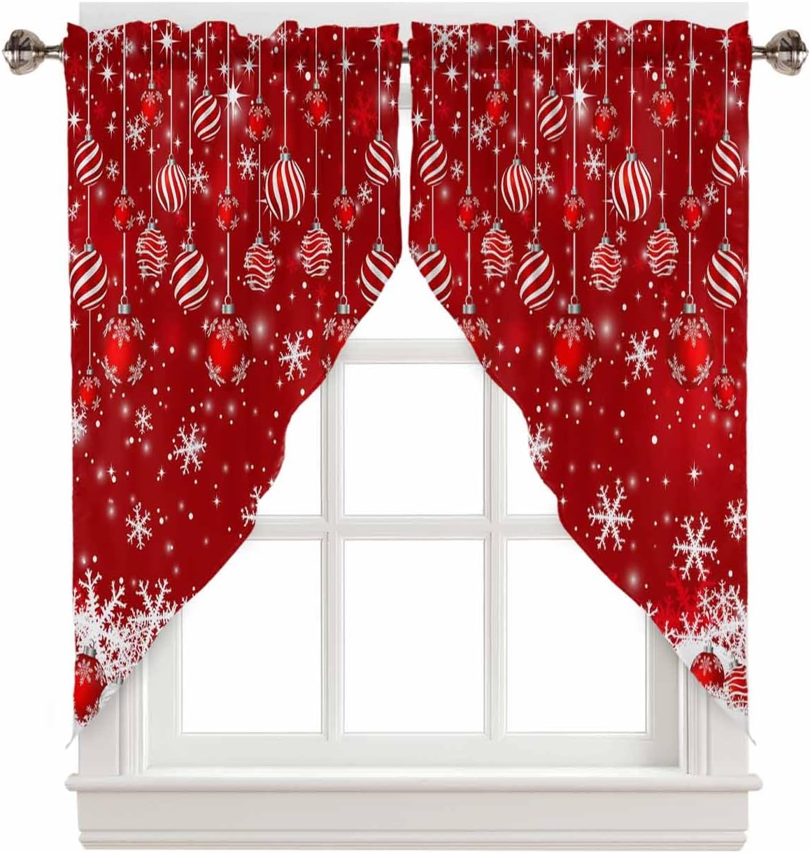 Swag Curtain,Christmas Ball Snowflake Red Gradient Kitchen Valances Rod Pocket Curtains Tier Pair Swag Topper,Xmas Silent Night Snow 2 Panels Window Treatment for Bathroom Living Room Bedroom